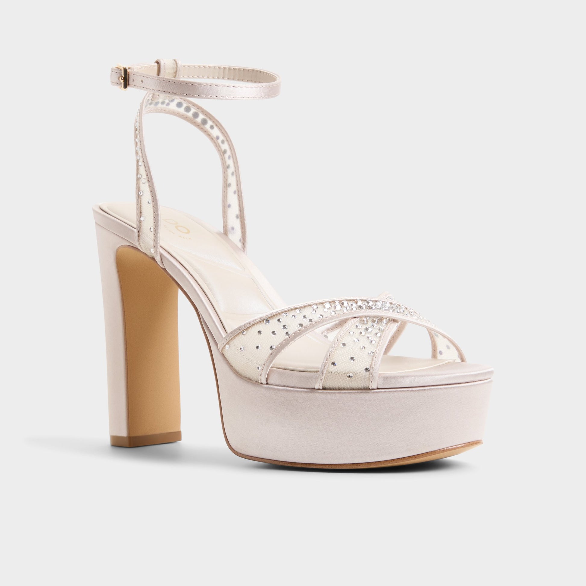 Three-quarter angle of Other beige Rosaria Strappy heeled sandal's front side