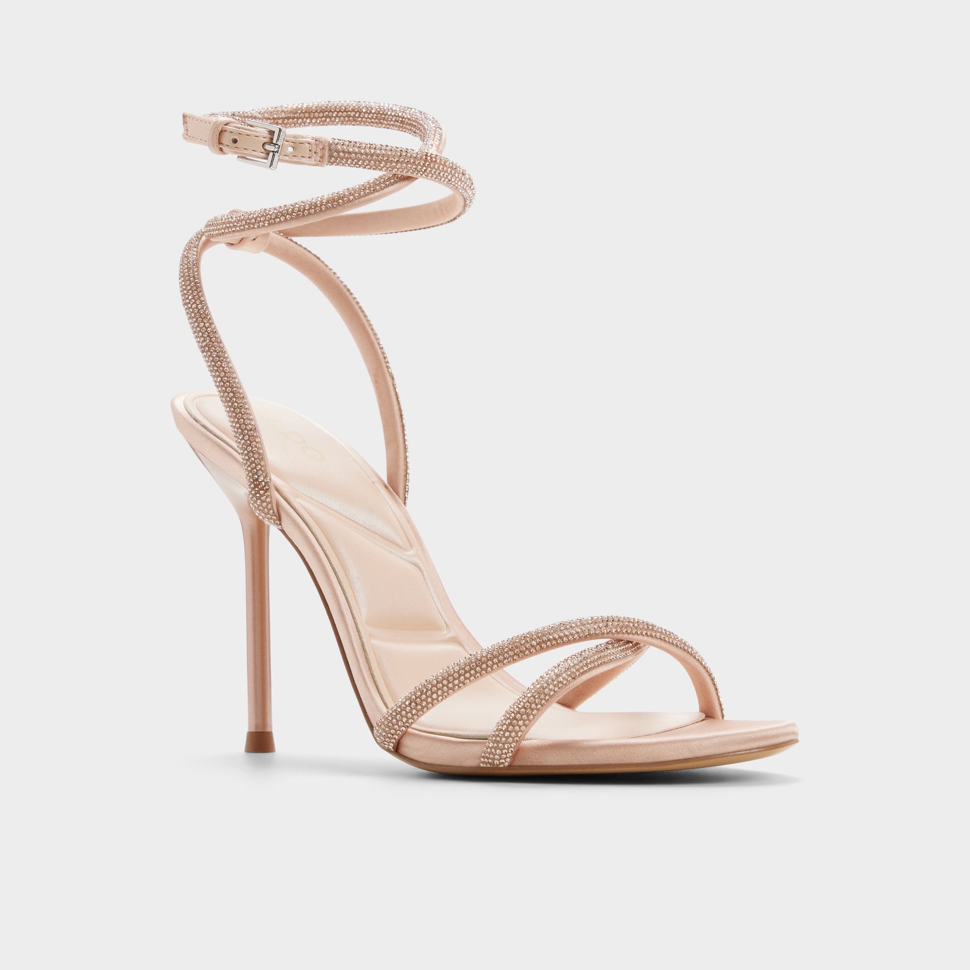 Three-quarter angle of Open pink Manaelden Strappy heeled sandal's front side