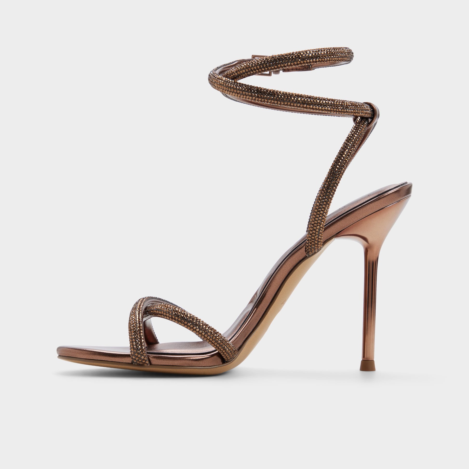 Side view of Bronze Manaelden Strappy heeled sandal