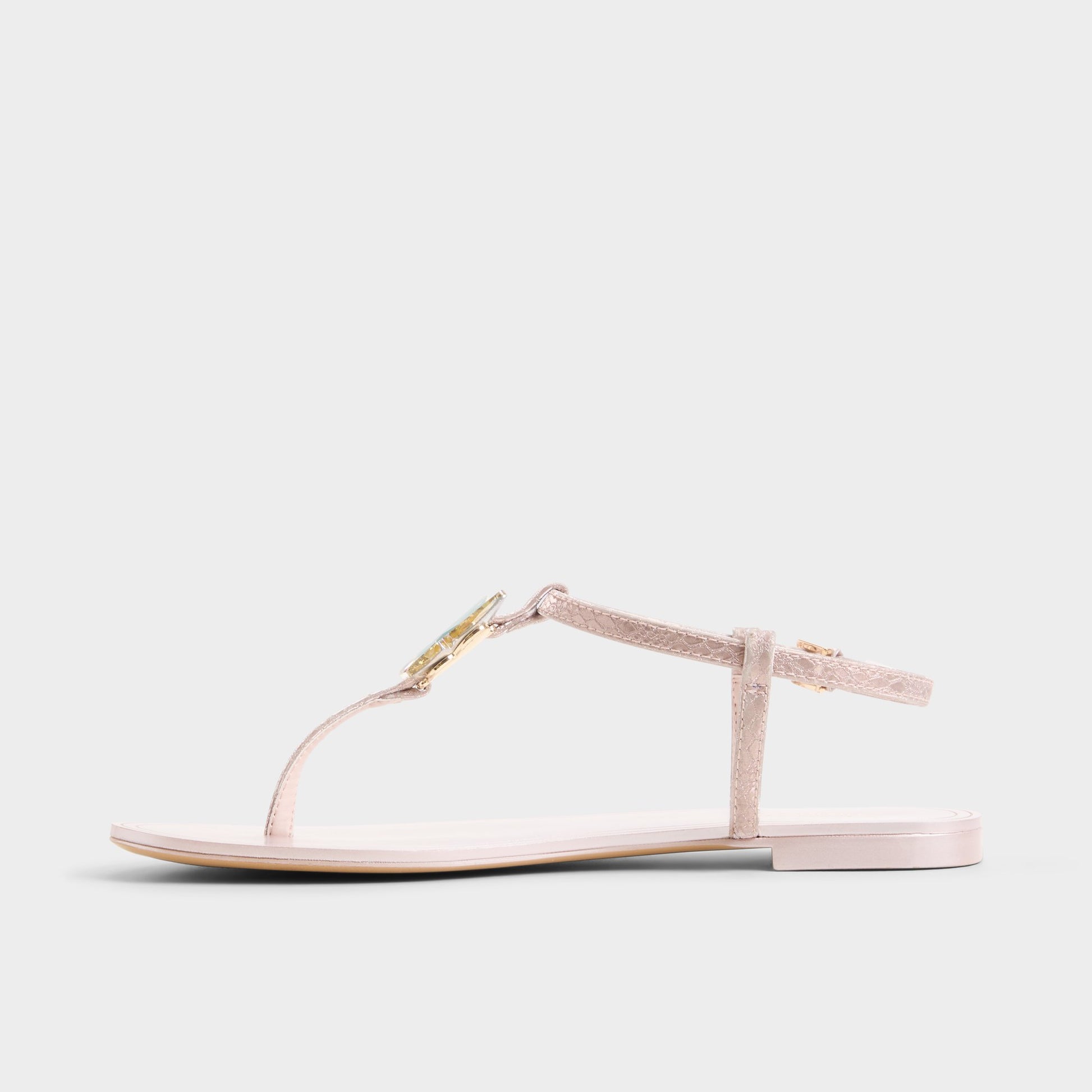 Side view of Rose gold Farfallina T-strap sandal