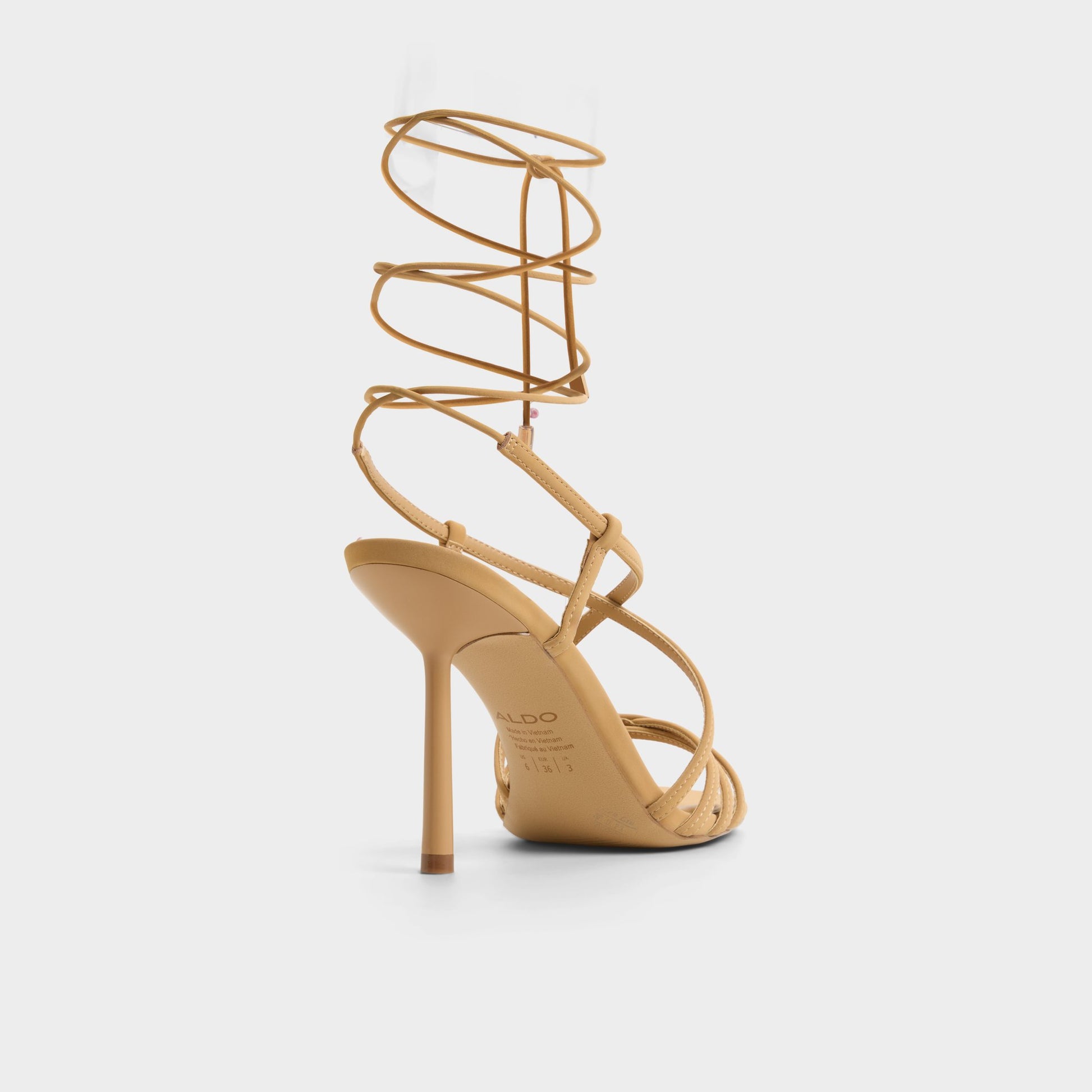 Three-quarter angle of Beige Talyia Strappy heeled sandal's back side