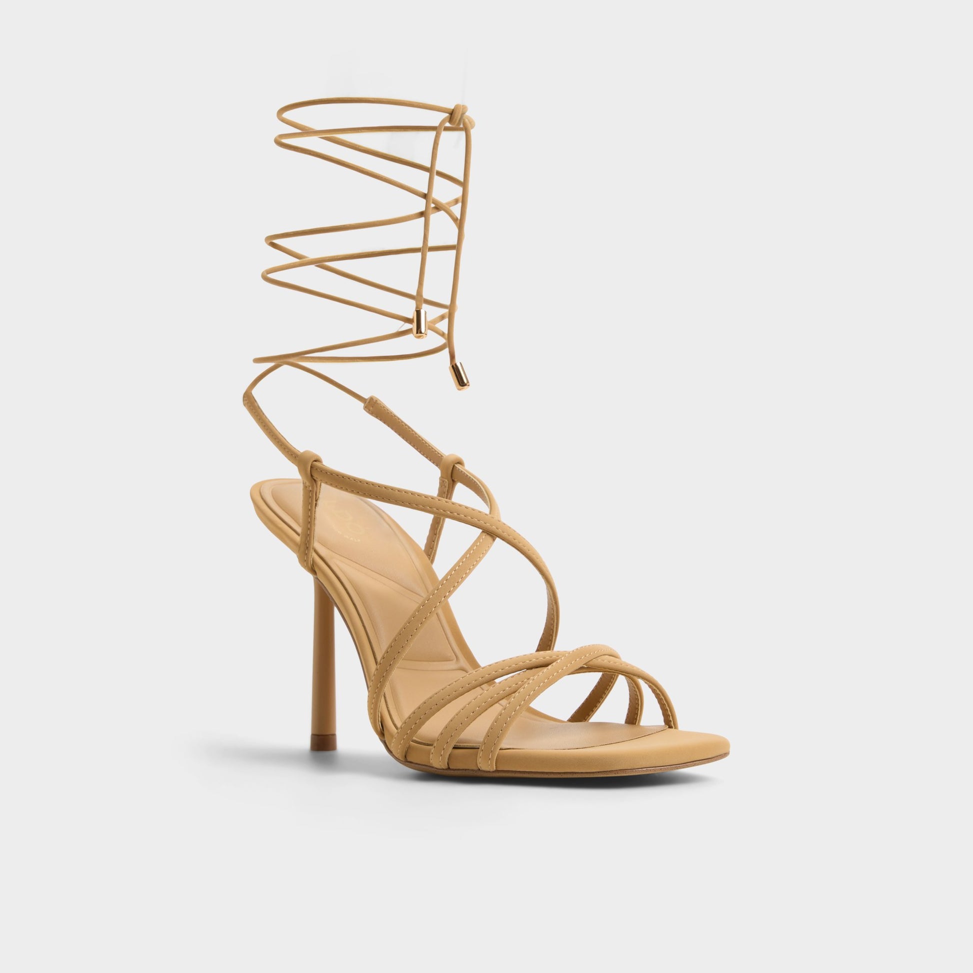 Three-quarter angle of Beige Talyia Strappy heeled sandal's front side