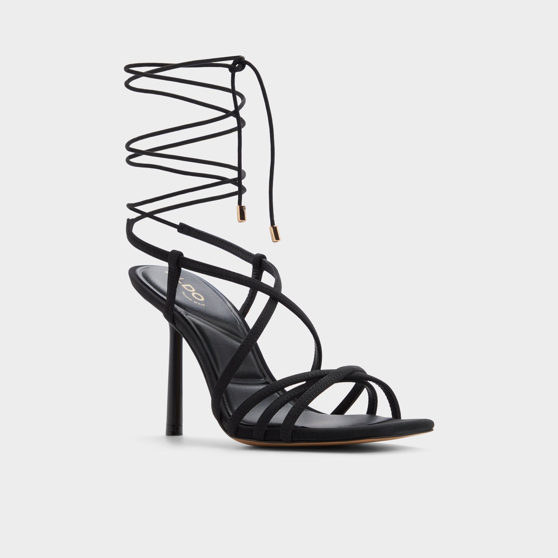 Three-quarter angle of Other black Talyia Strappy heeled sandal's front side