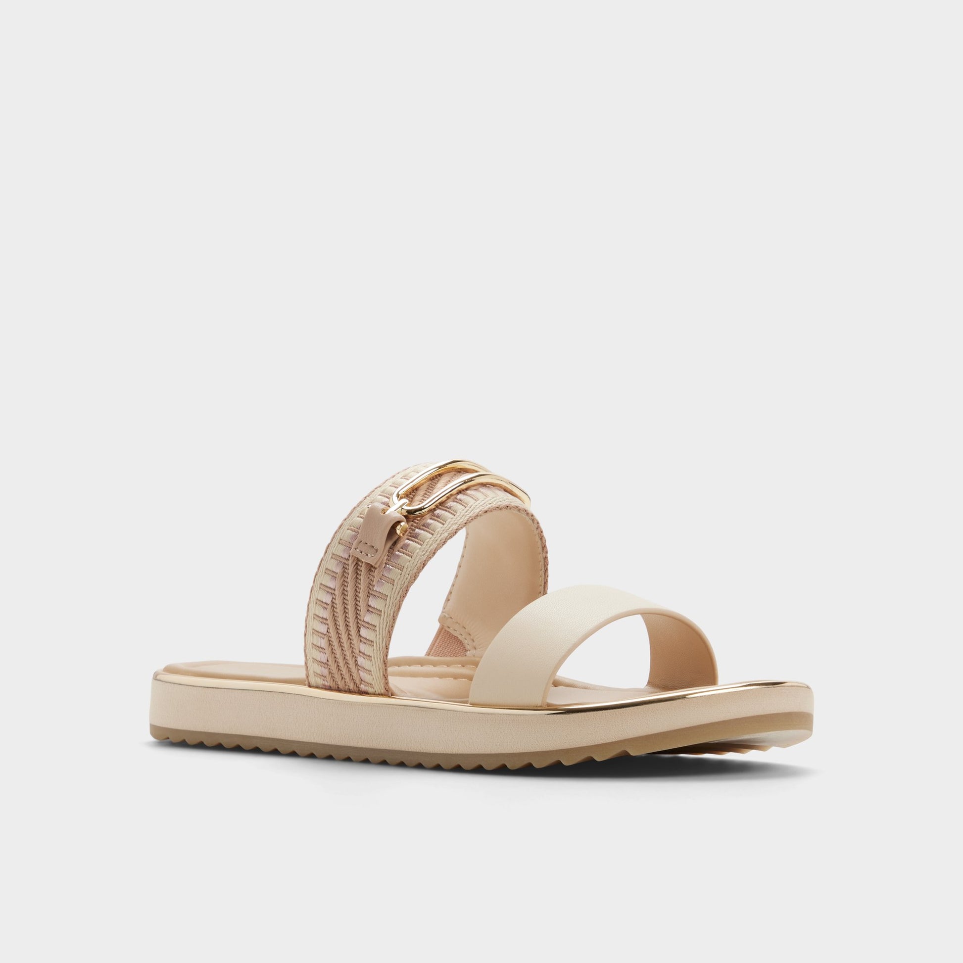 Three-quarter angle of Beige combo Lagoon Slide sandal's front side