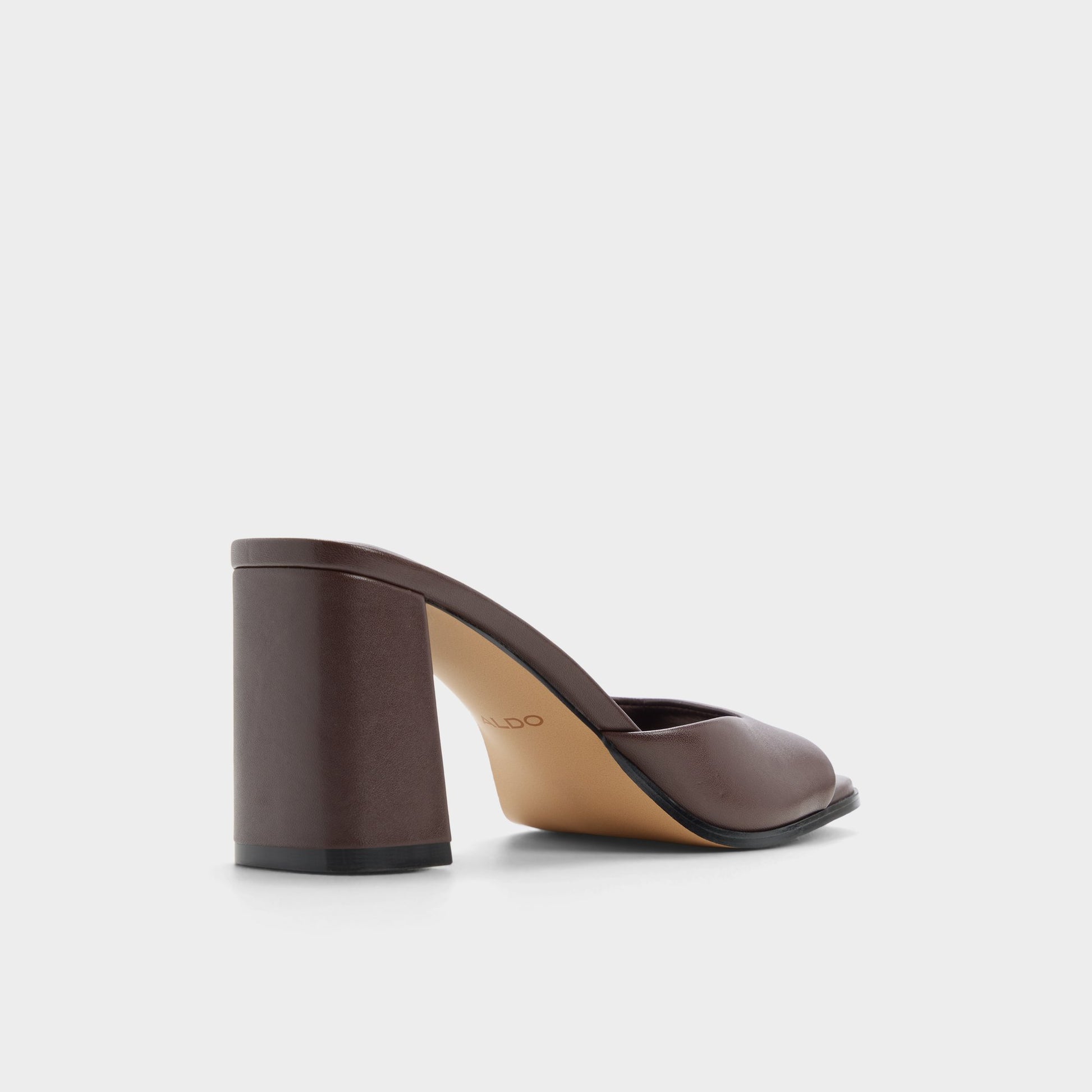 Three-quarter angle of Dark brown Lisia Heeled mule's back side