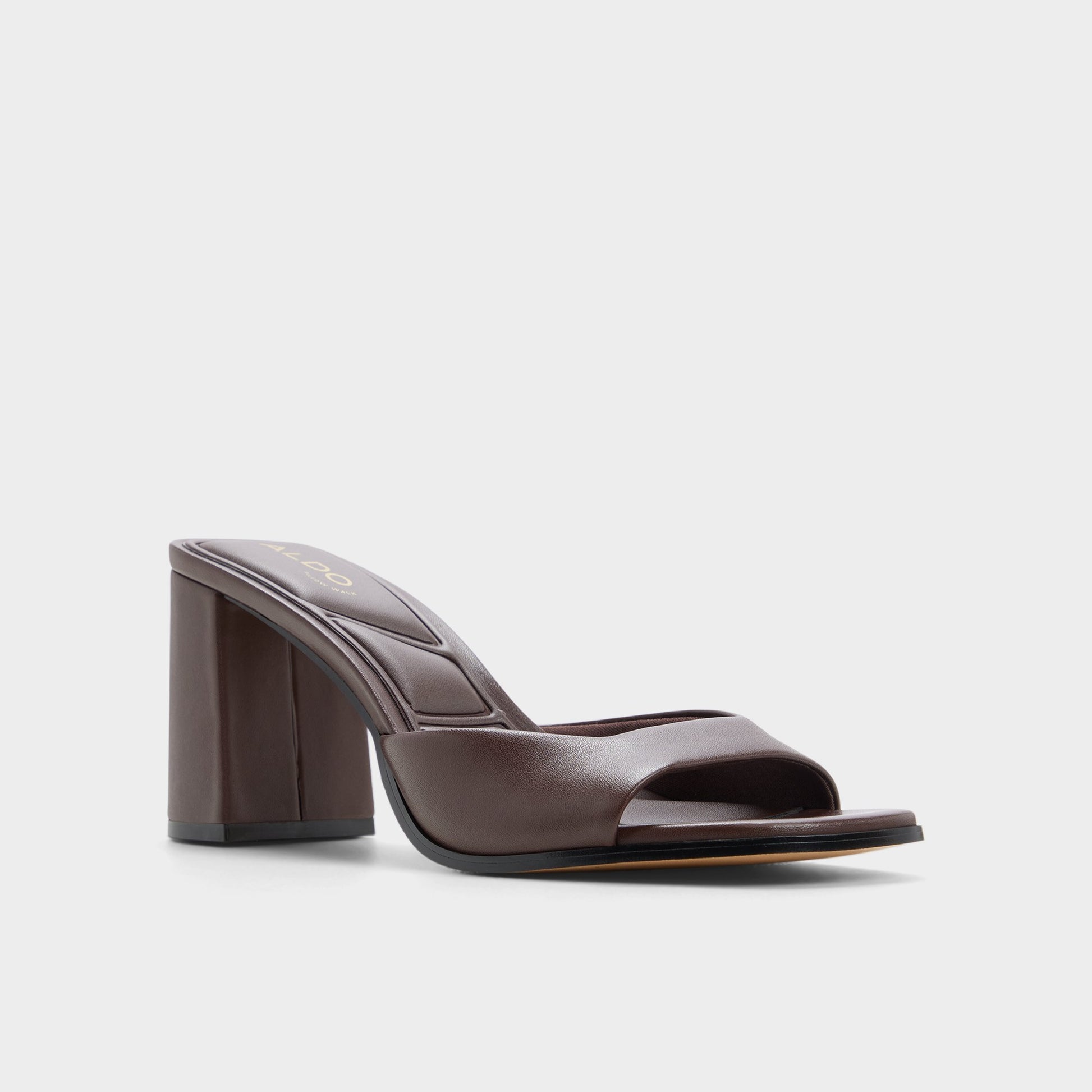 Three-quarter angle of Dark brown Lisia Heeled mule's front side