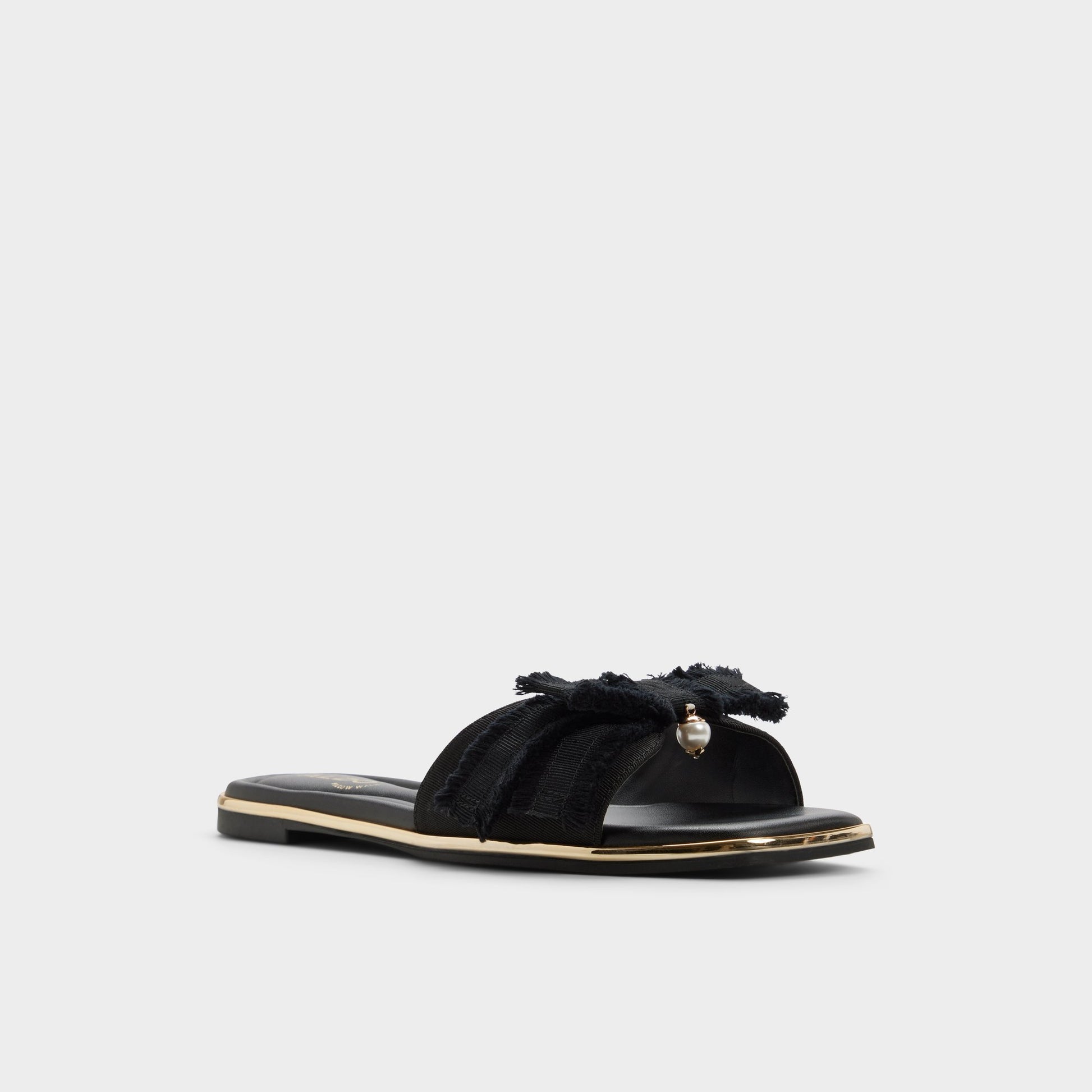 Three-quarter angle of Black Rhuli Slide sandal's front side