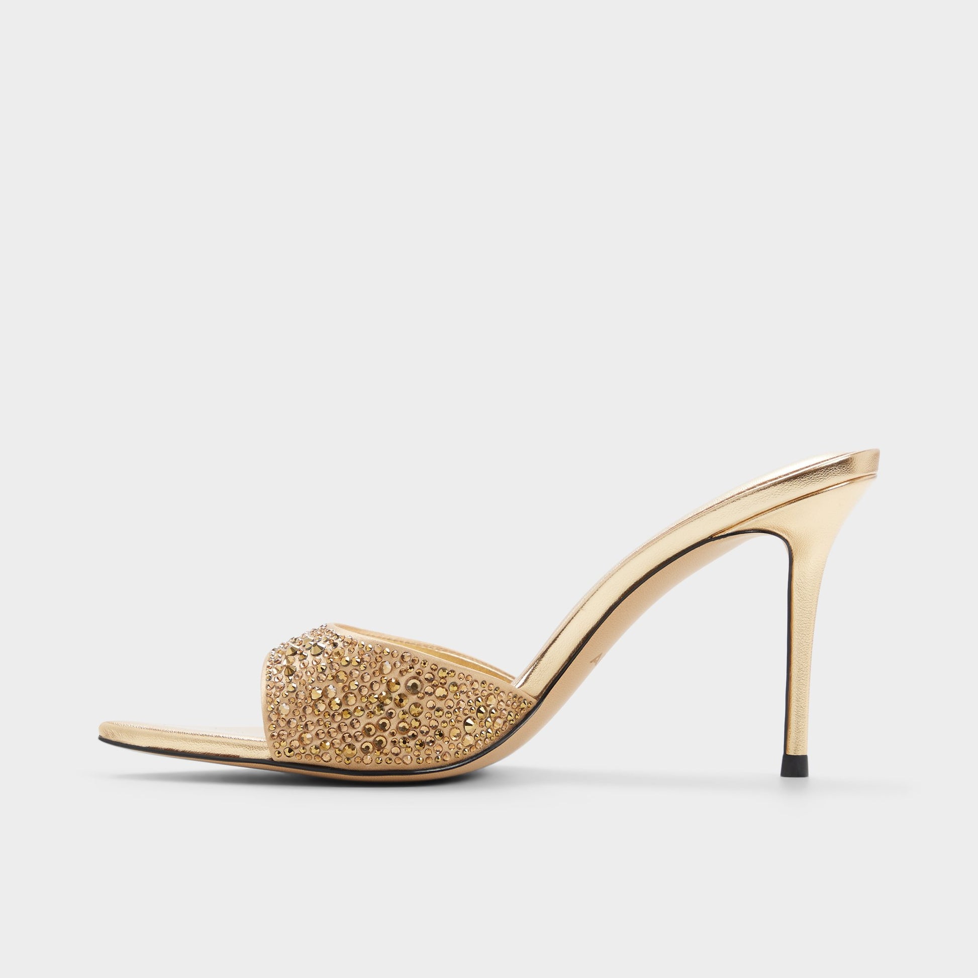 Side view of Gold Reanna Heeled mule