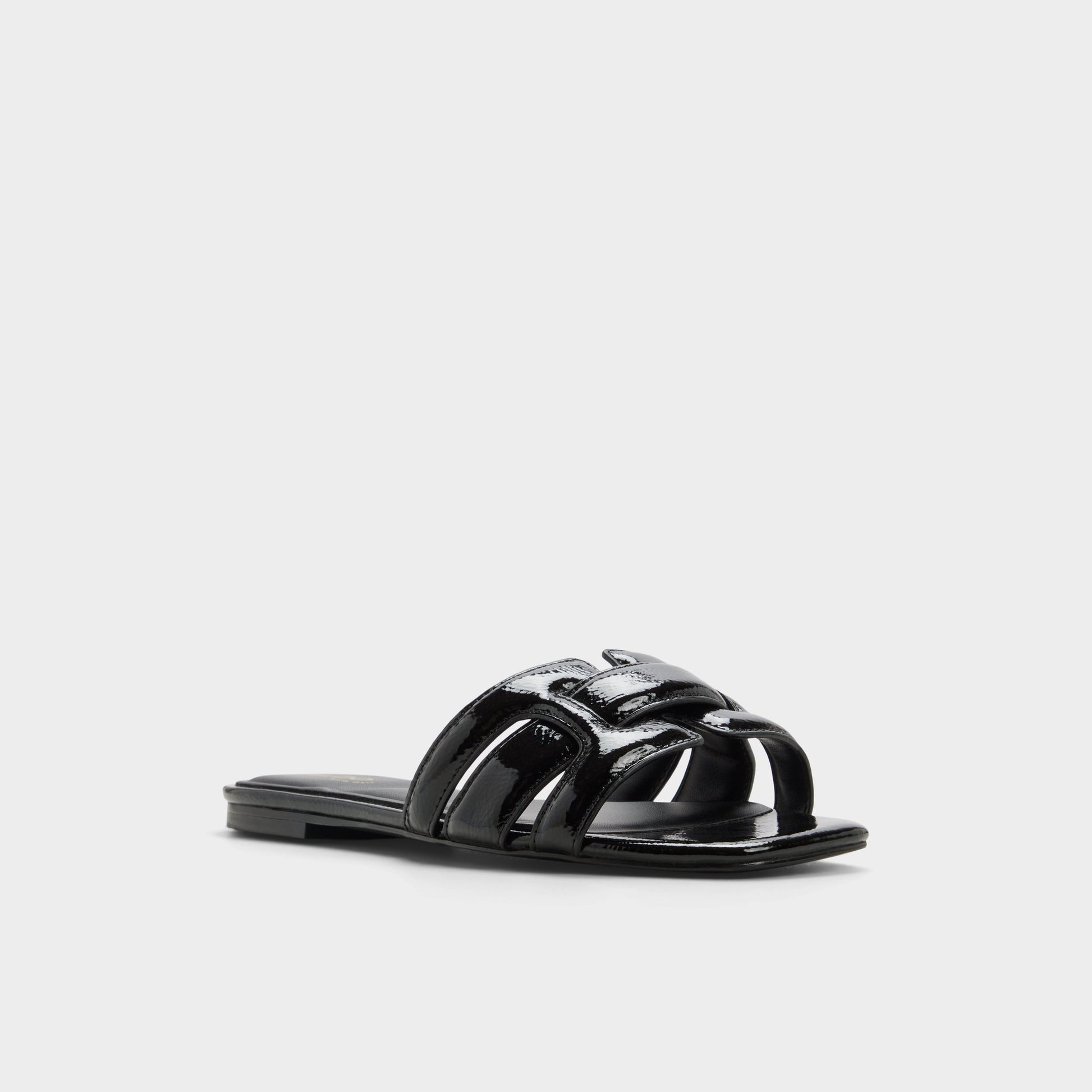 Three-quarter angle of Black Elenaria Slide sandal's front side