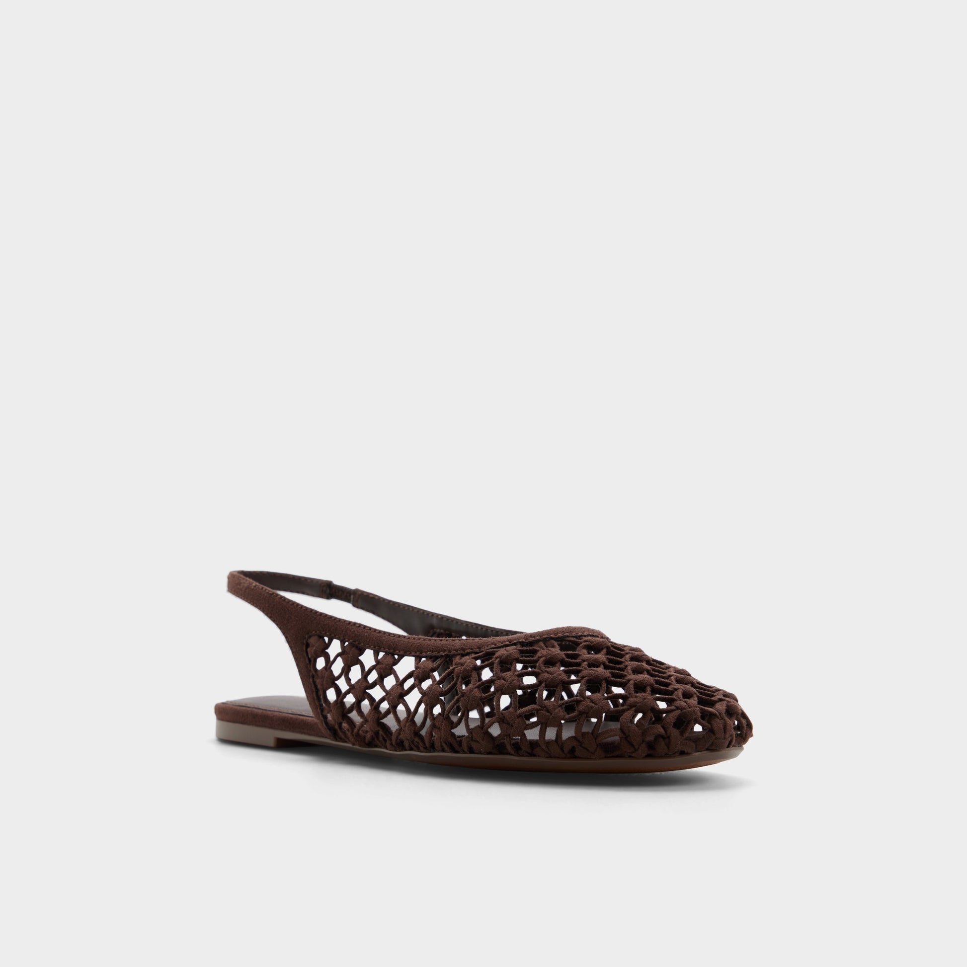 Three-quarter angle of Dark brown Droplet Slingback ballet flat's front side