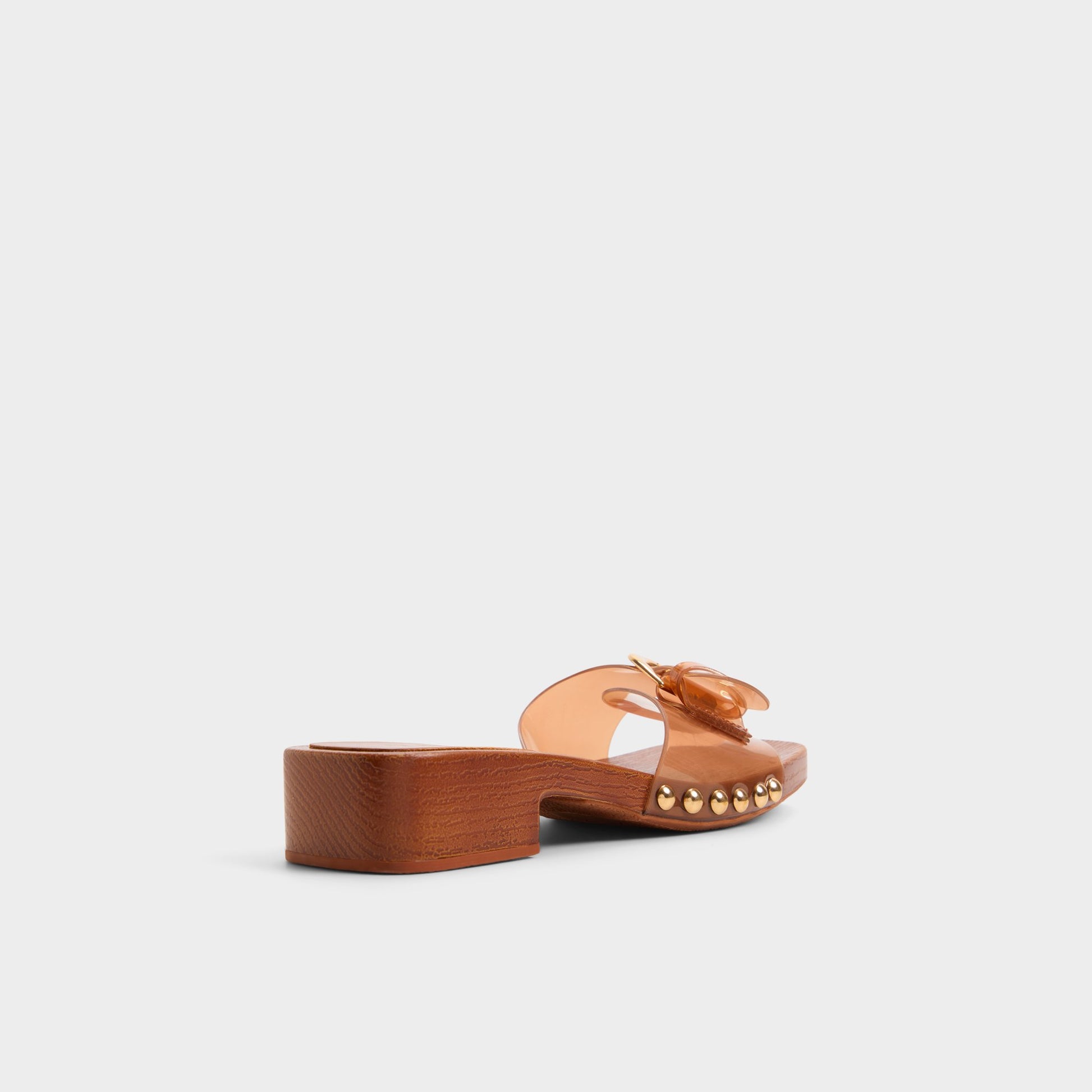 Three-quarter angle of Tan Alloria Block heeled sandal's back side