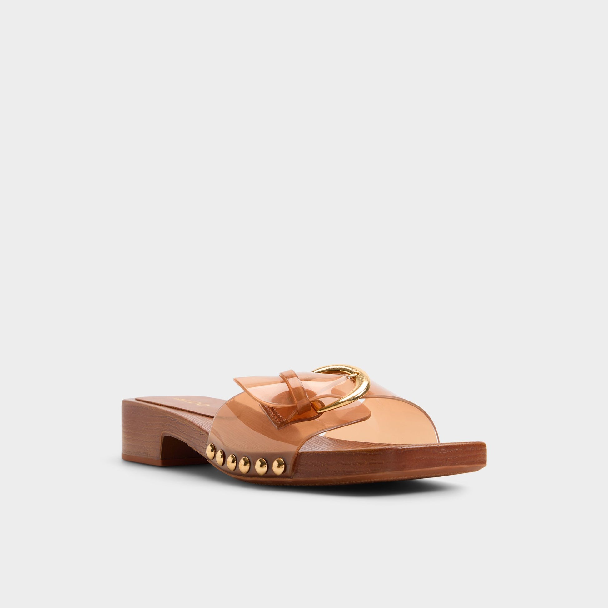 Three-quarter angle of Tan Alloria Block heeled sandal's front side