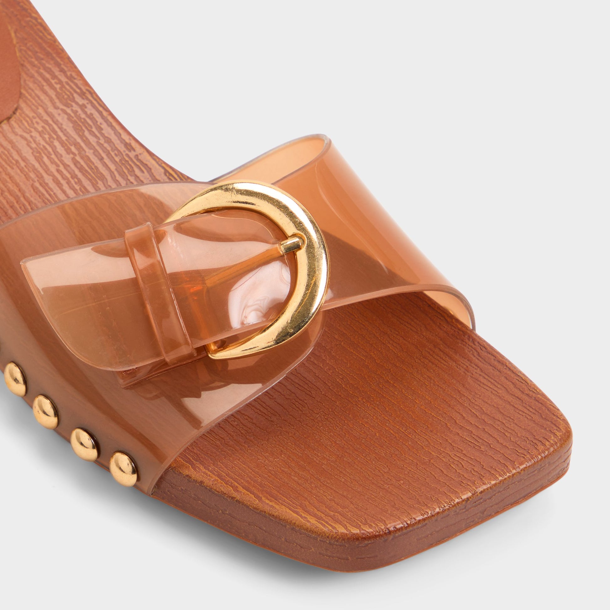 Close-up of the Tan Alloria Block heeled sandal