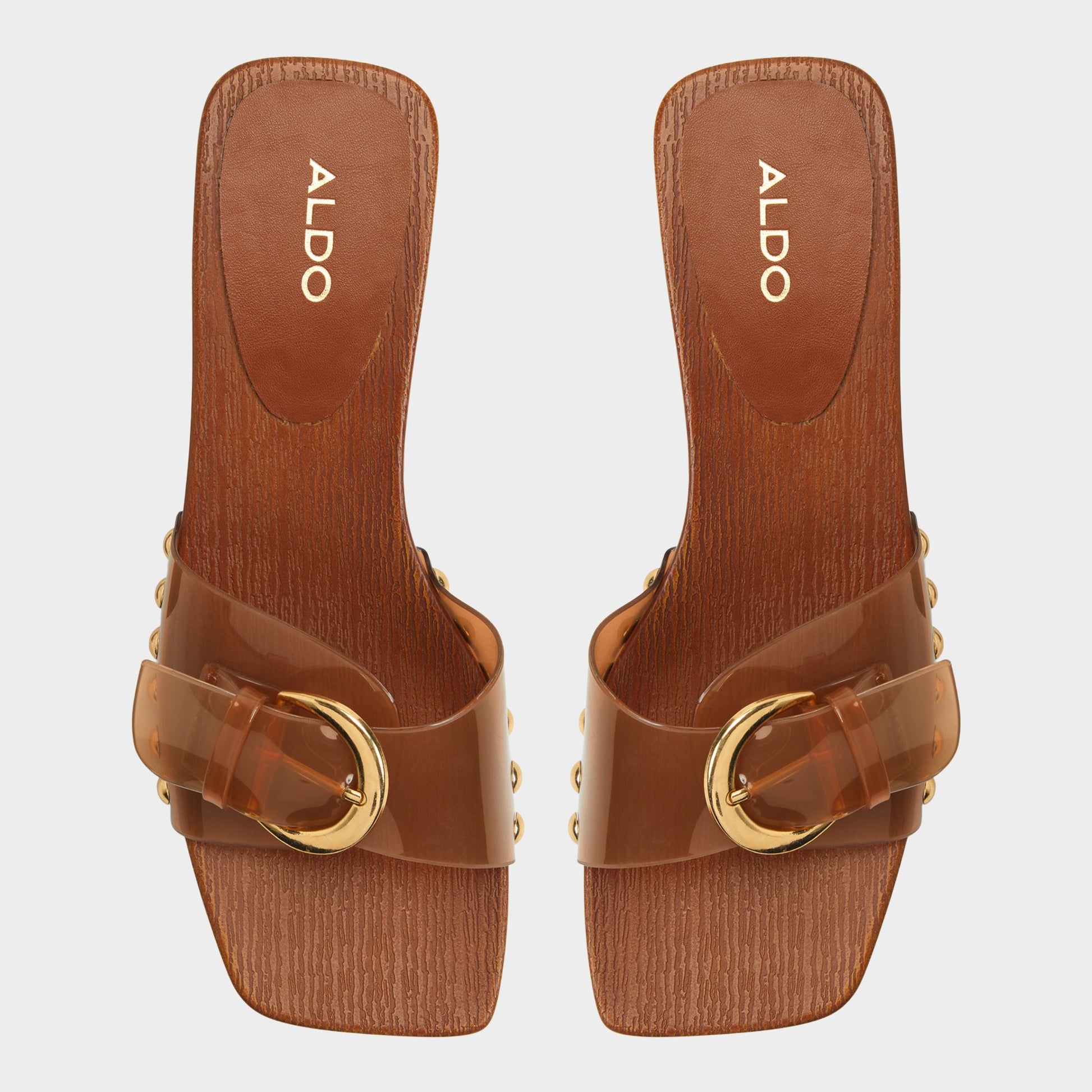 Top-down view of the Tan Alloria Block heeled sandal