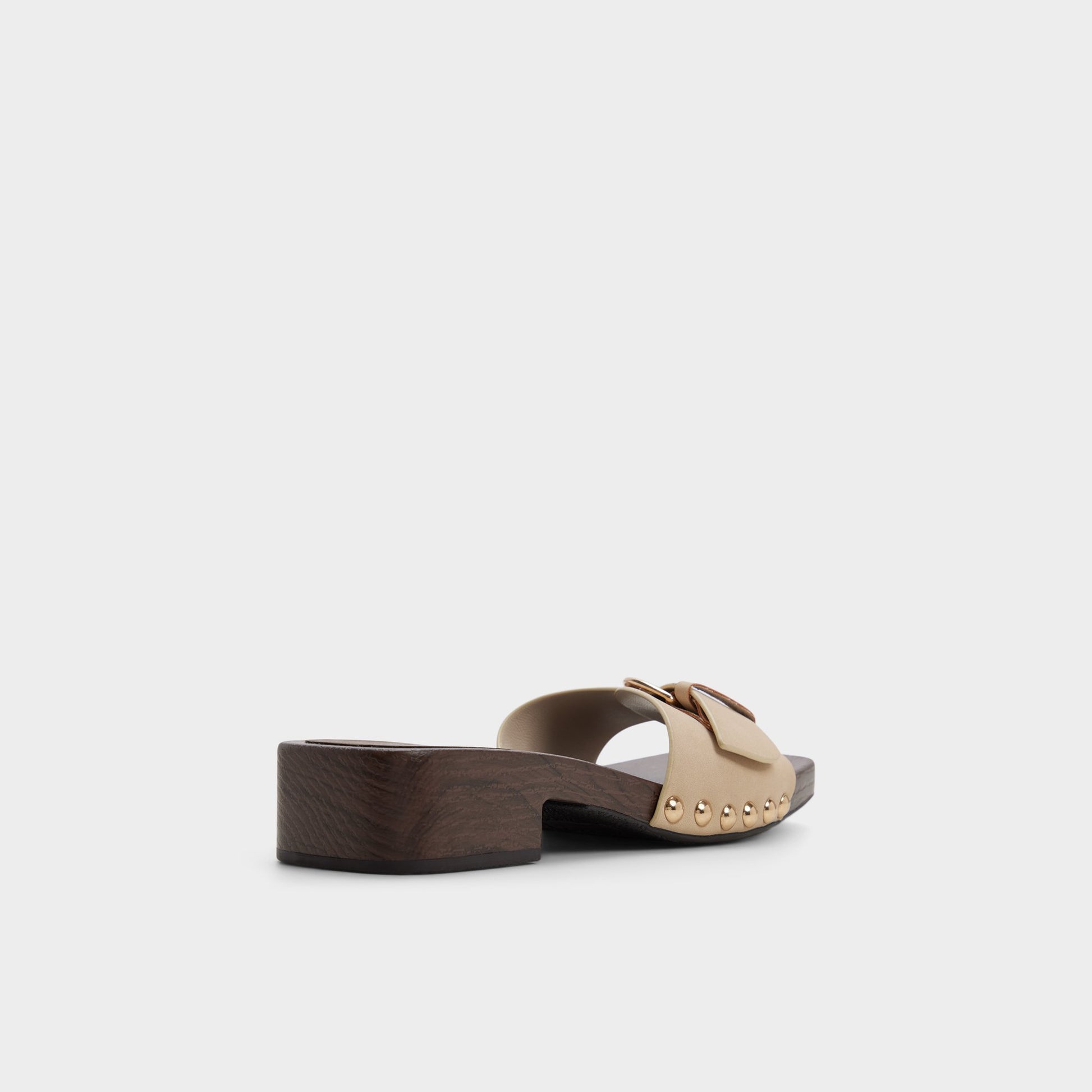 Three-quarter angle of Taupe Alloria Block heeled sandal's back side