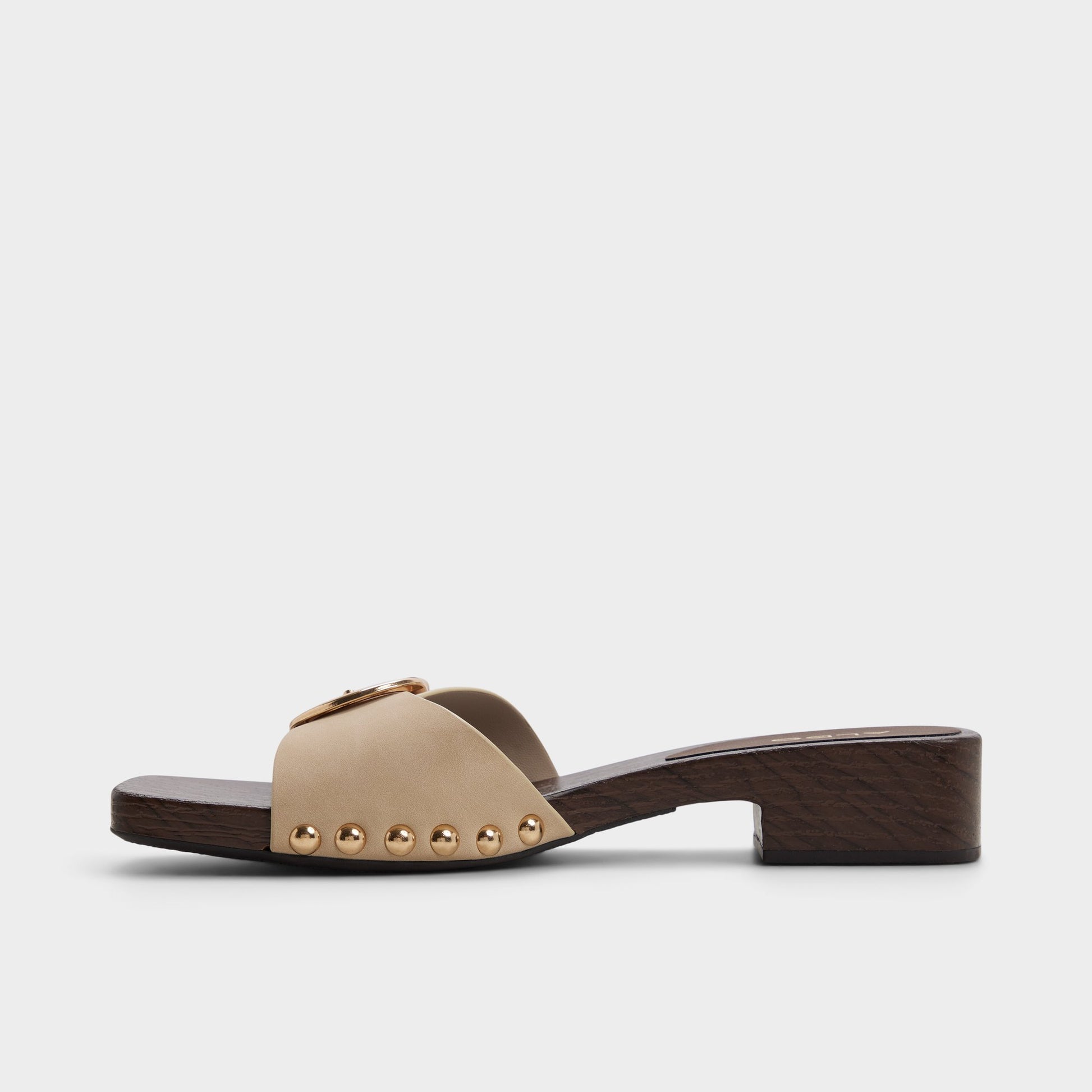 Side view of Taupe Alloria Block heeled sandal