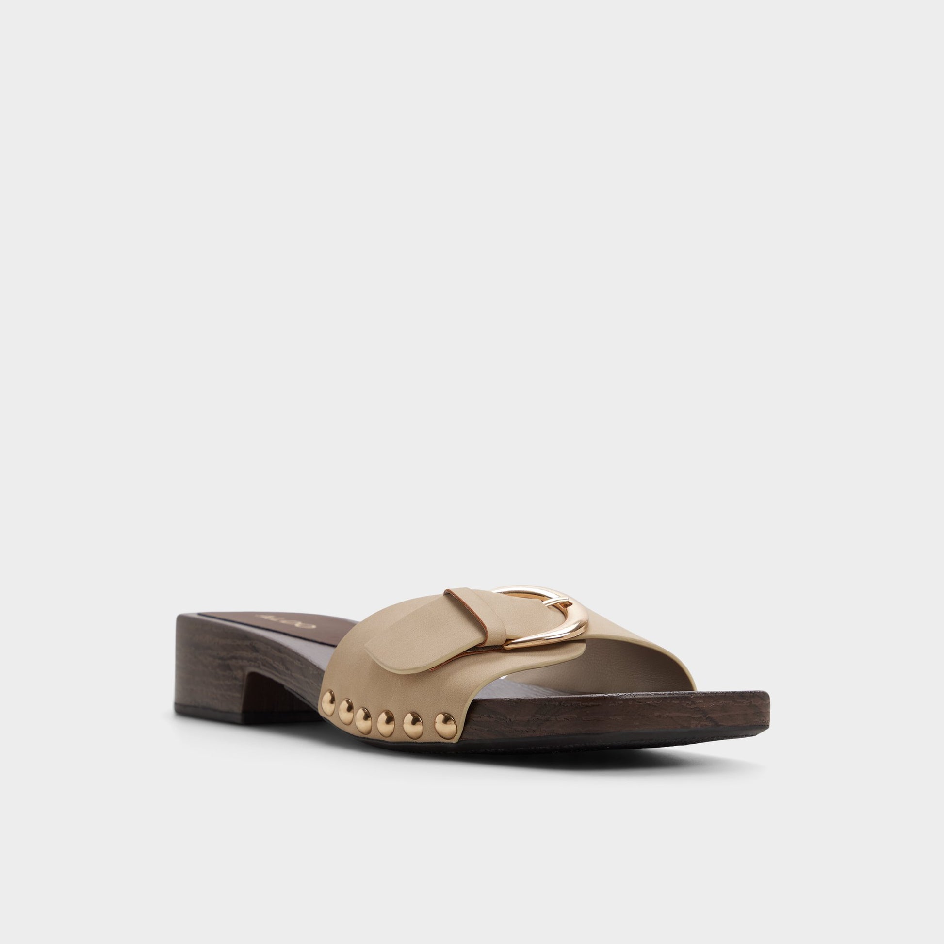 Three-quarter angle of Taupe Alloria Block heeled sandal's front side