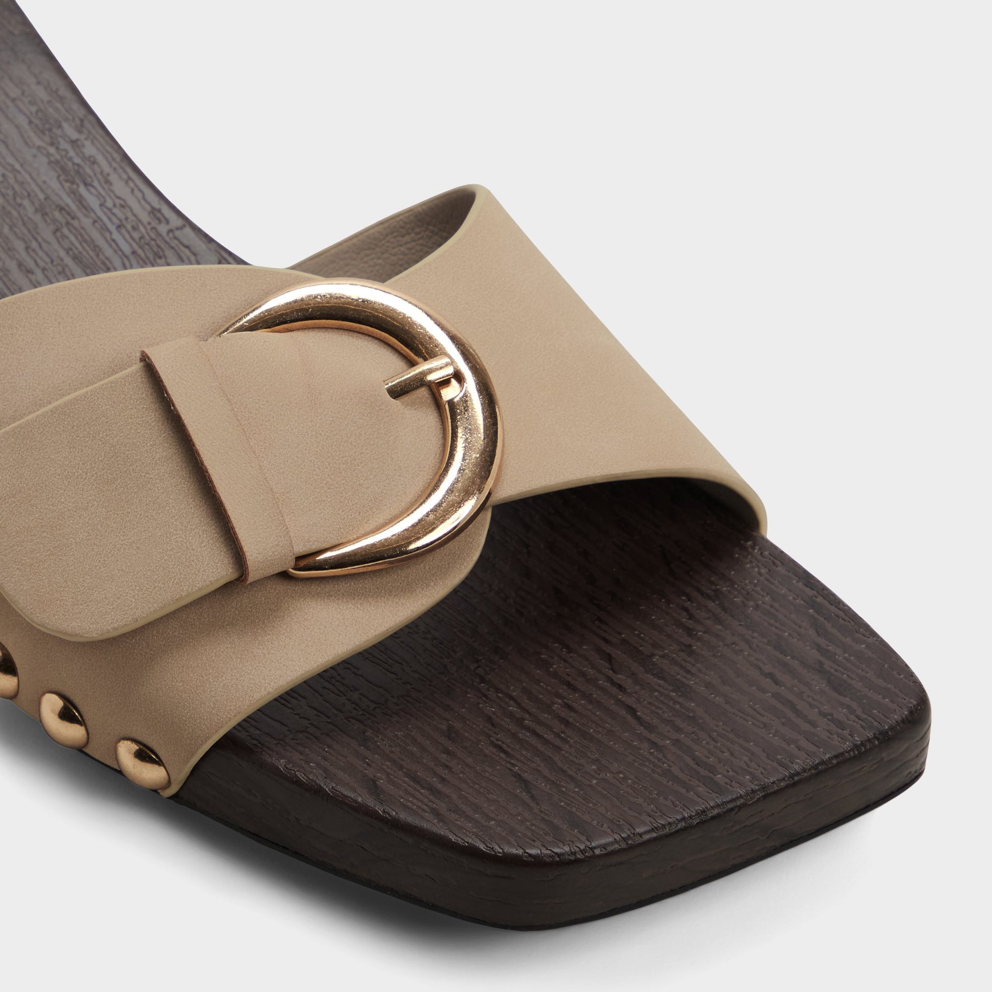 Close-up of the Taupe Alloria Block heeled sandal
