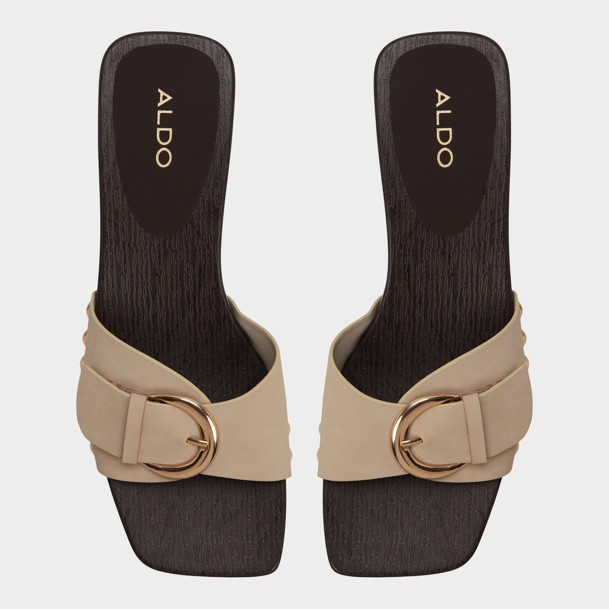 Top-down view of the Taupe Alloria Block heeled sandal