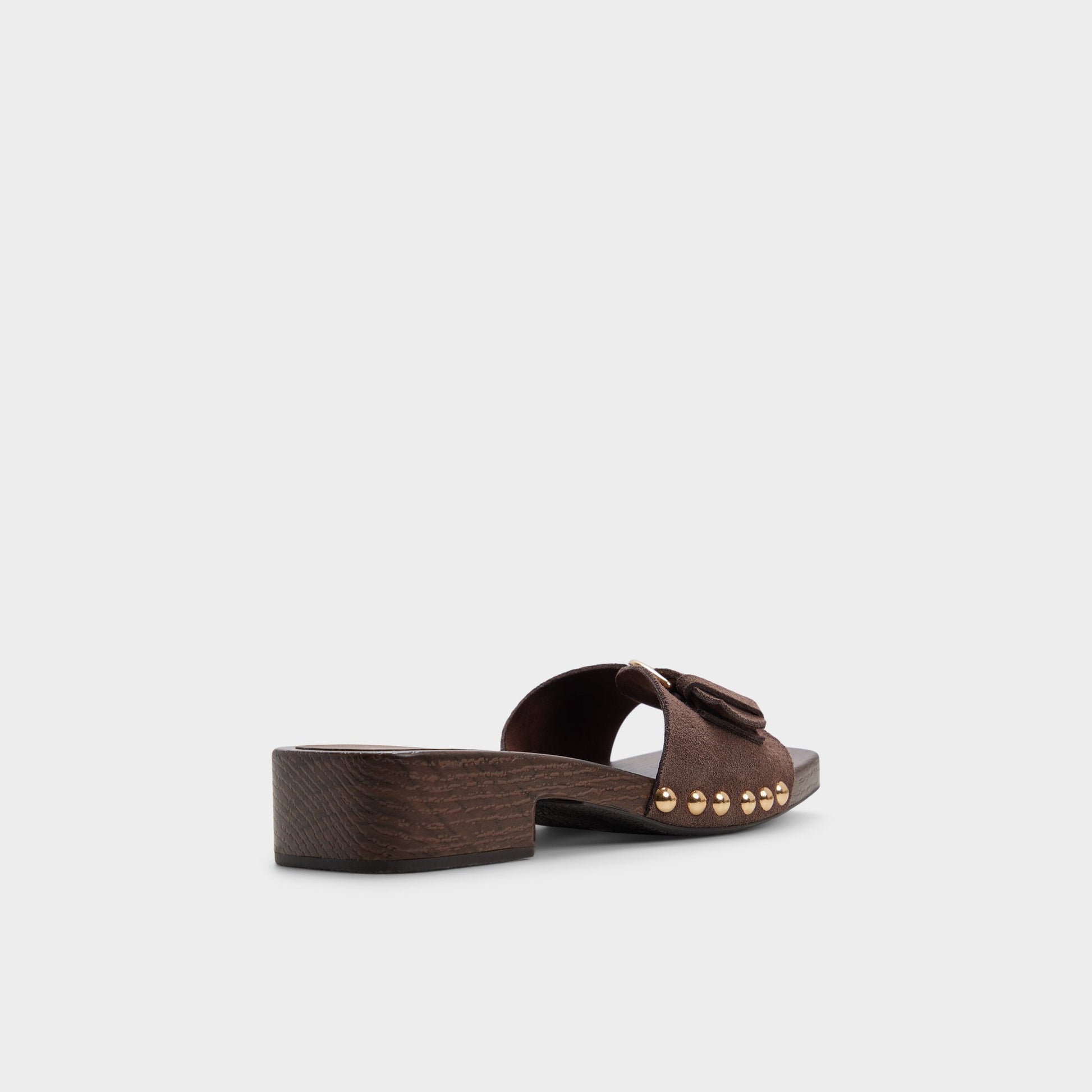 Three-quarter angle of Dark brown Alloria Block heeled sandal's back side