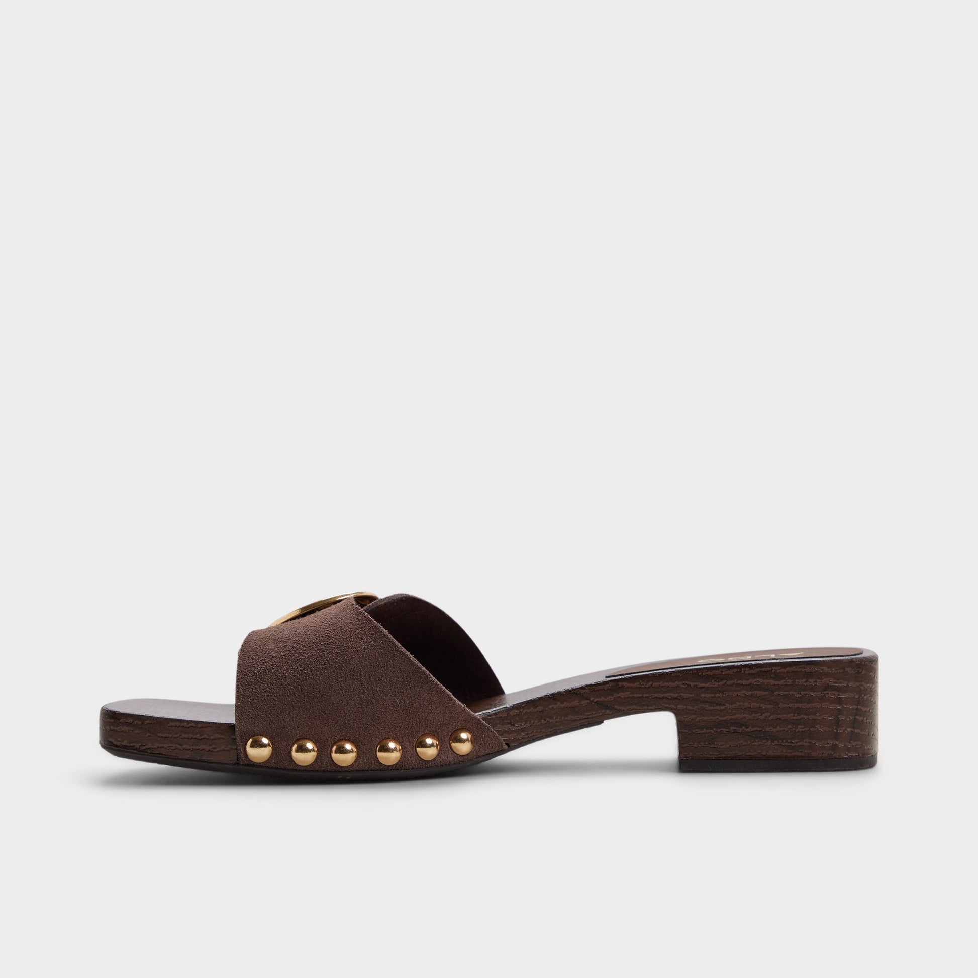Side view of Dark brown Alloria Block heeled sandal