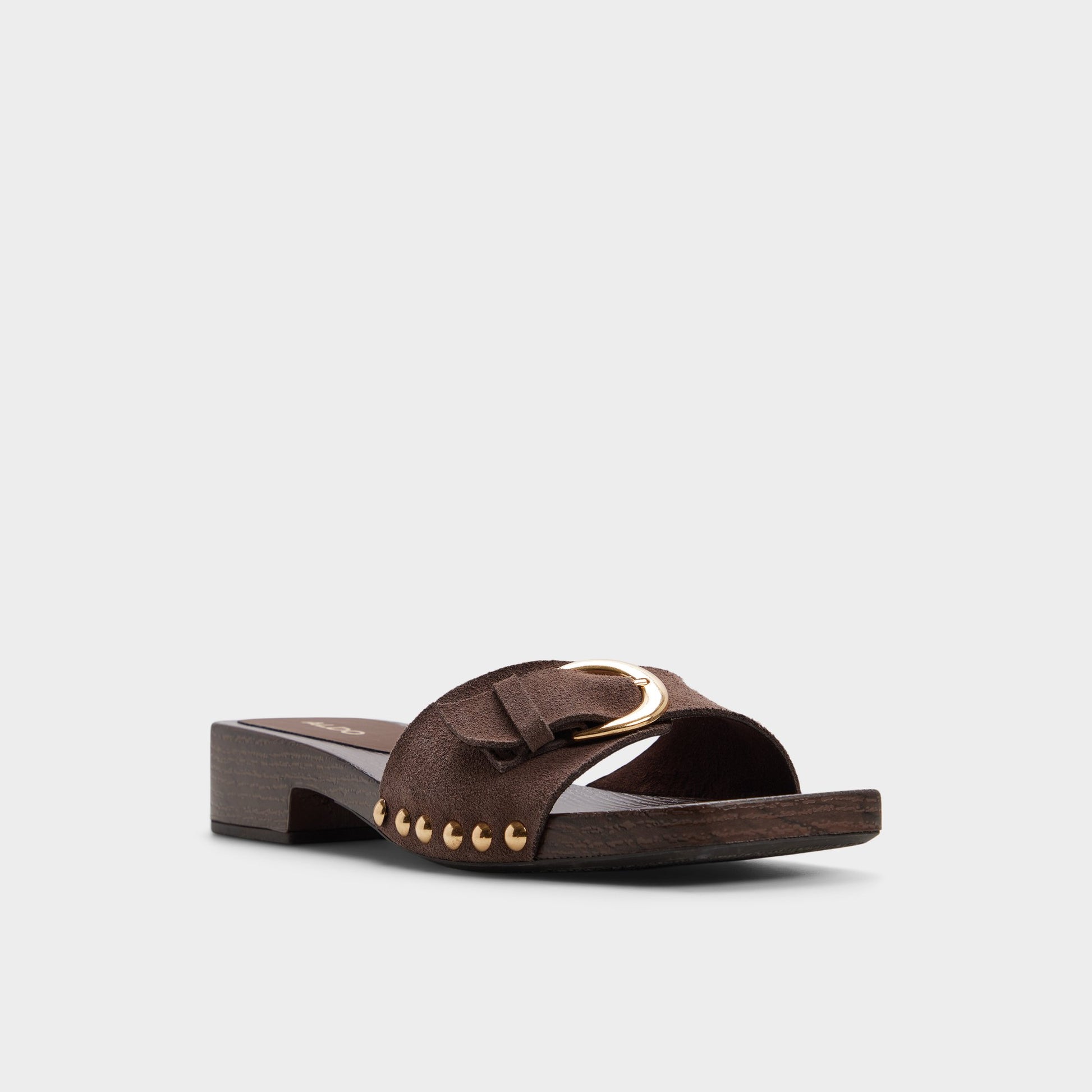 Three-quarter angle of Dark brown Alloria Block heeled sandal's front side