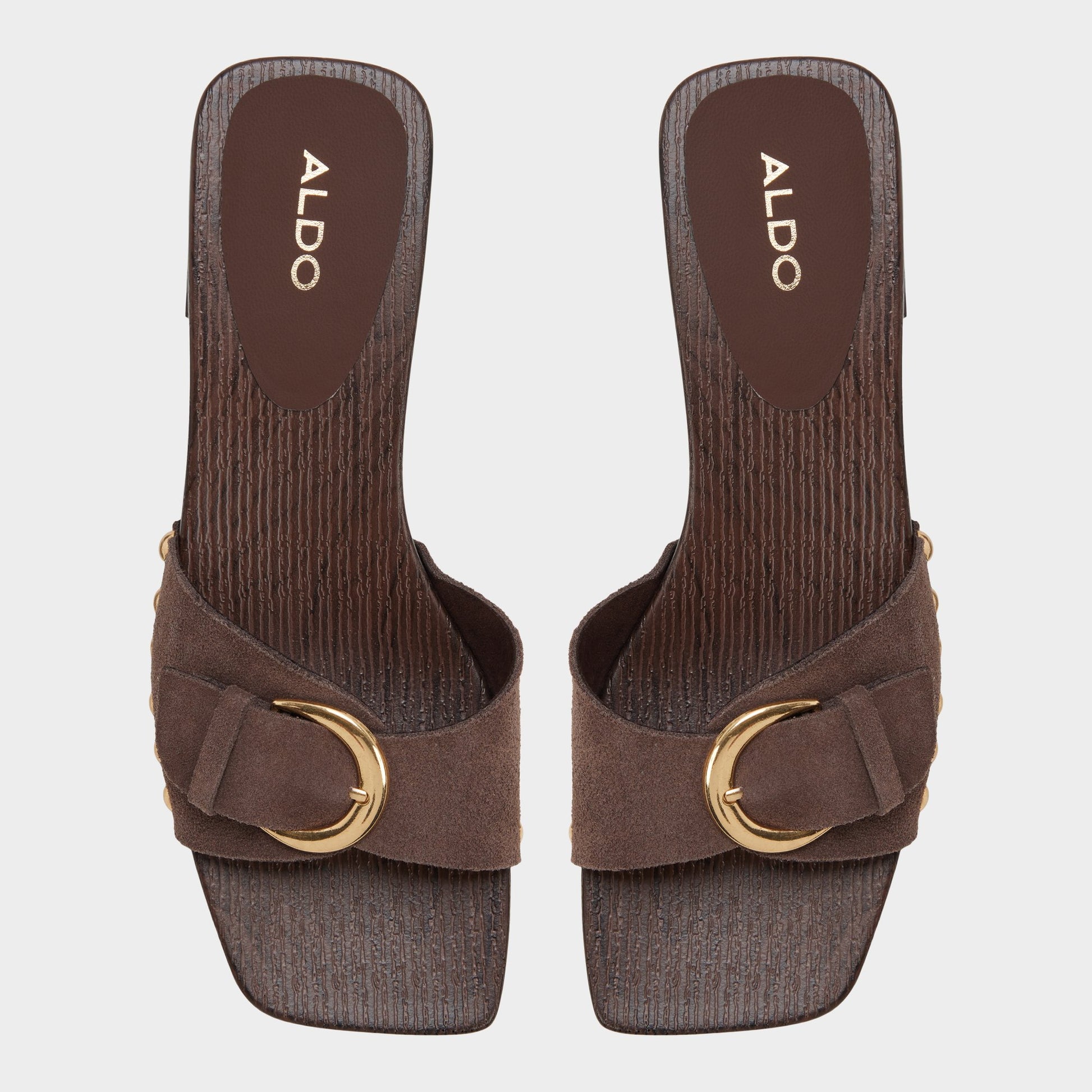 Top-down view of the Dark brown Alloria Block heeled sandal