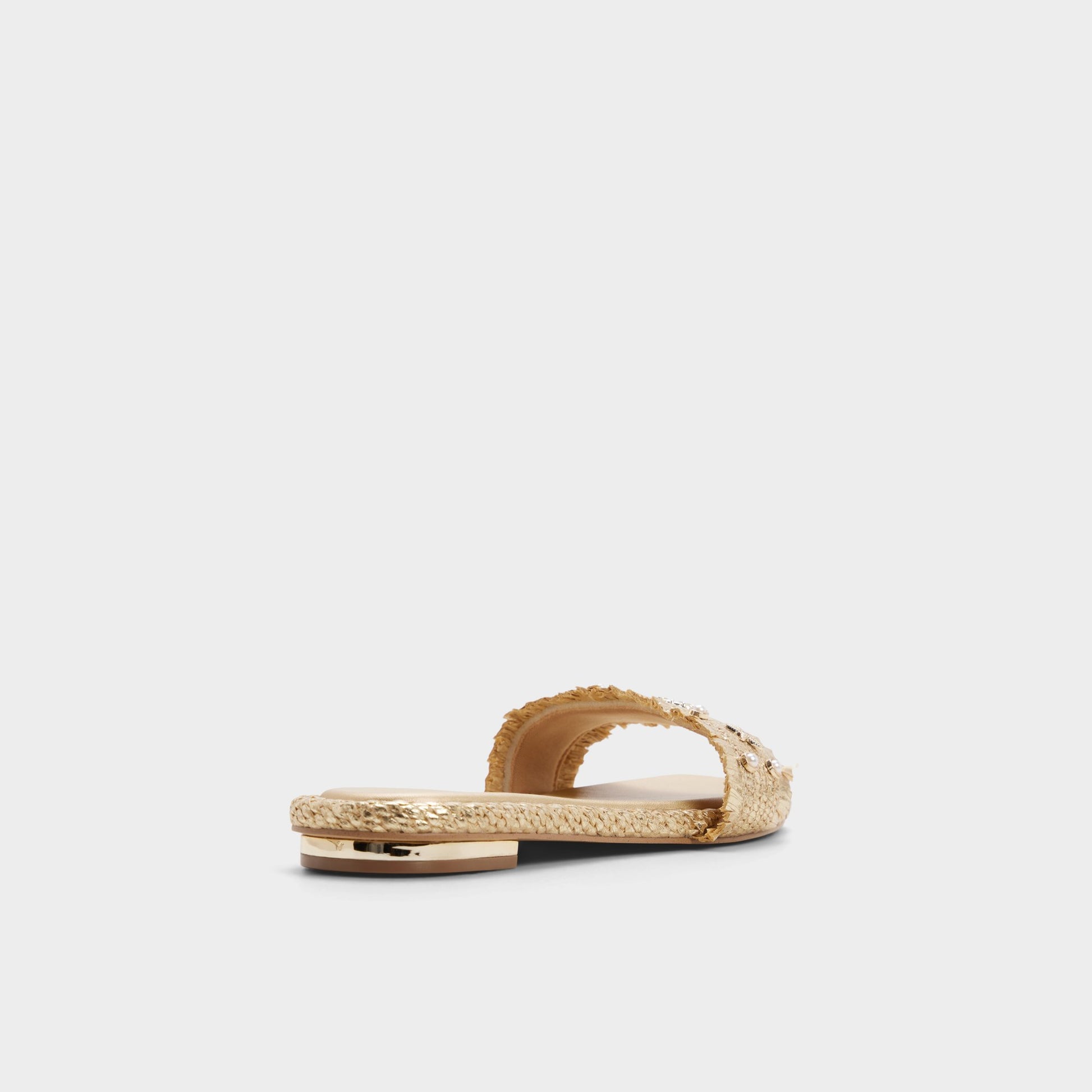 Three-quarter angle of Gold Aurania Slide sandal's back side