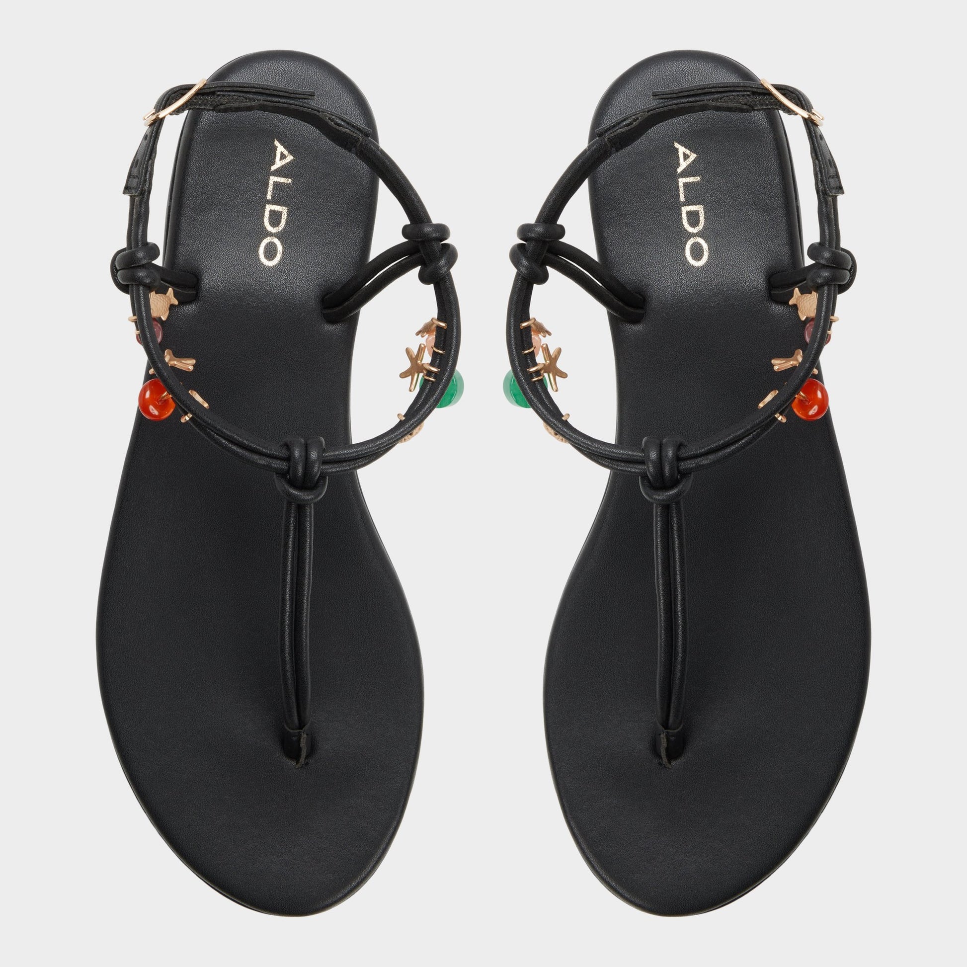 Top-down view of the Black Seajewels T-strap sandal