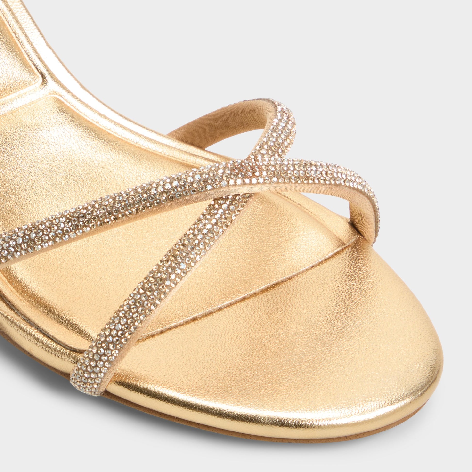 Close-up of the Gold Boucliette Strappy heeled sandal