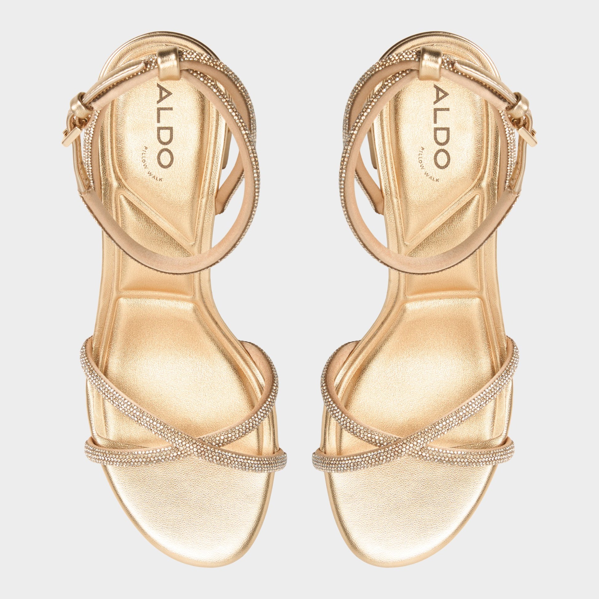 Top-down view of the Gold Boucliette Strappy heeled sandal
