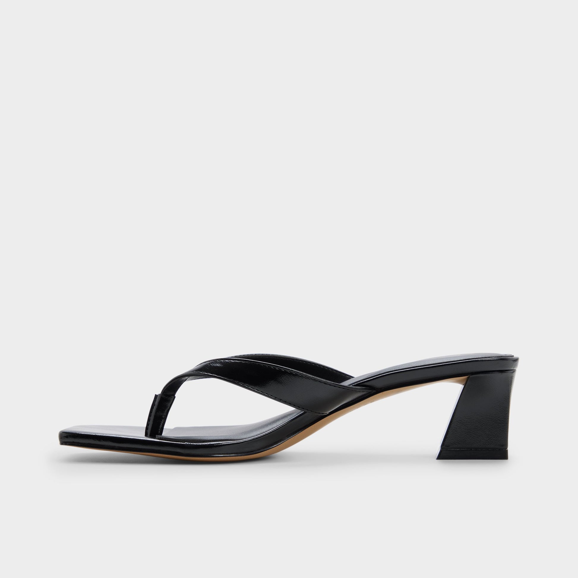 Side view of Black Hazy Block heeled thong sandal