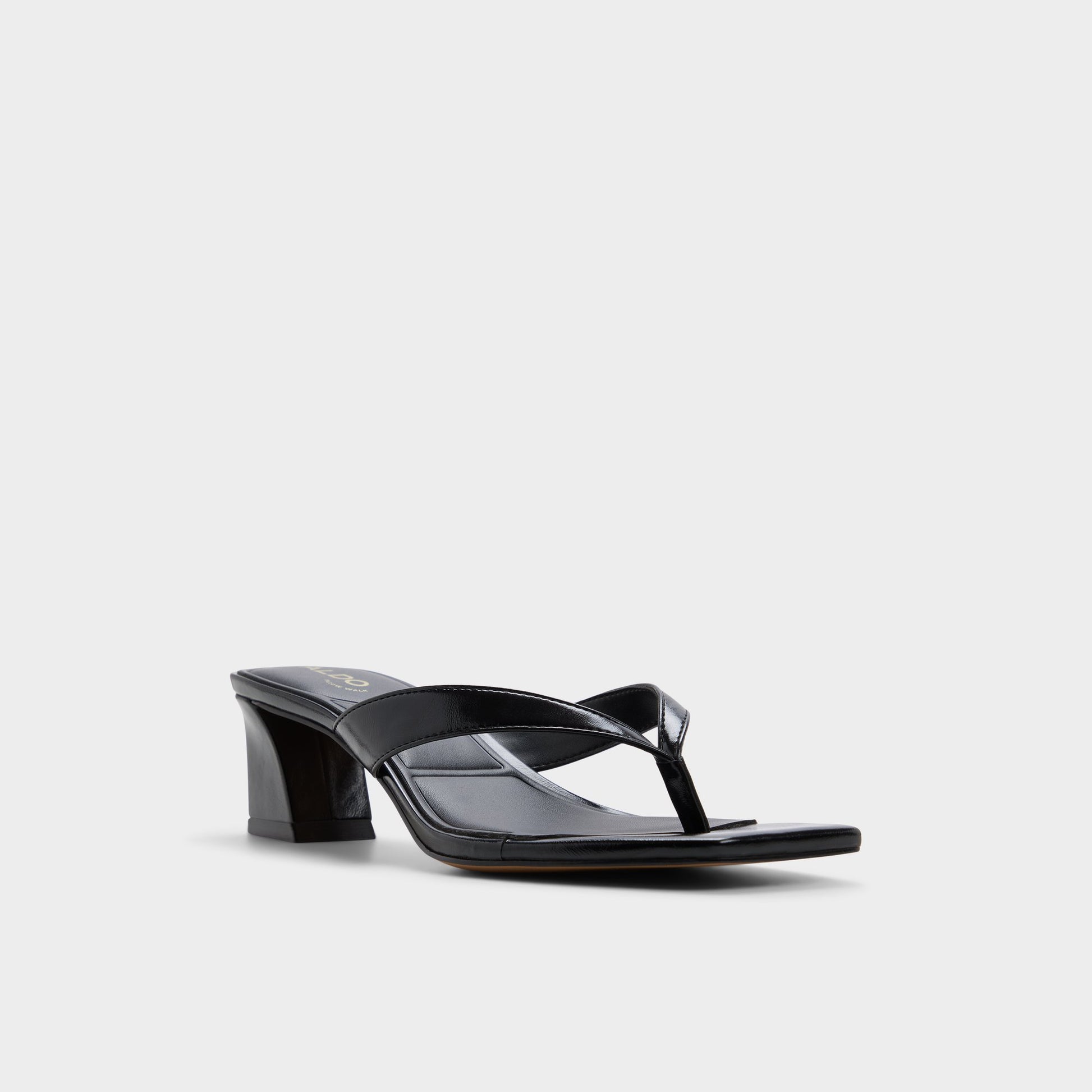 Three-quarter angle of Black Hazy Block heeled thong sandal's front side