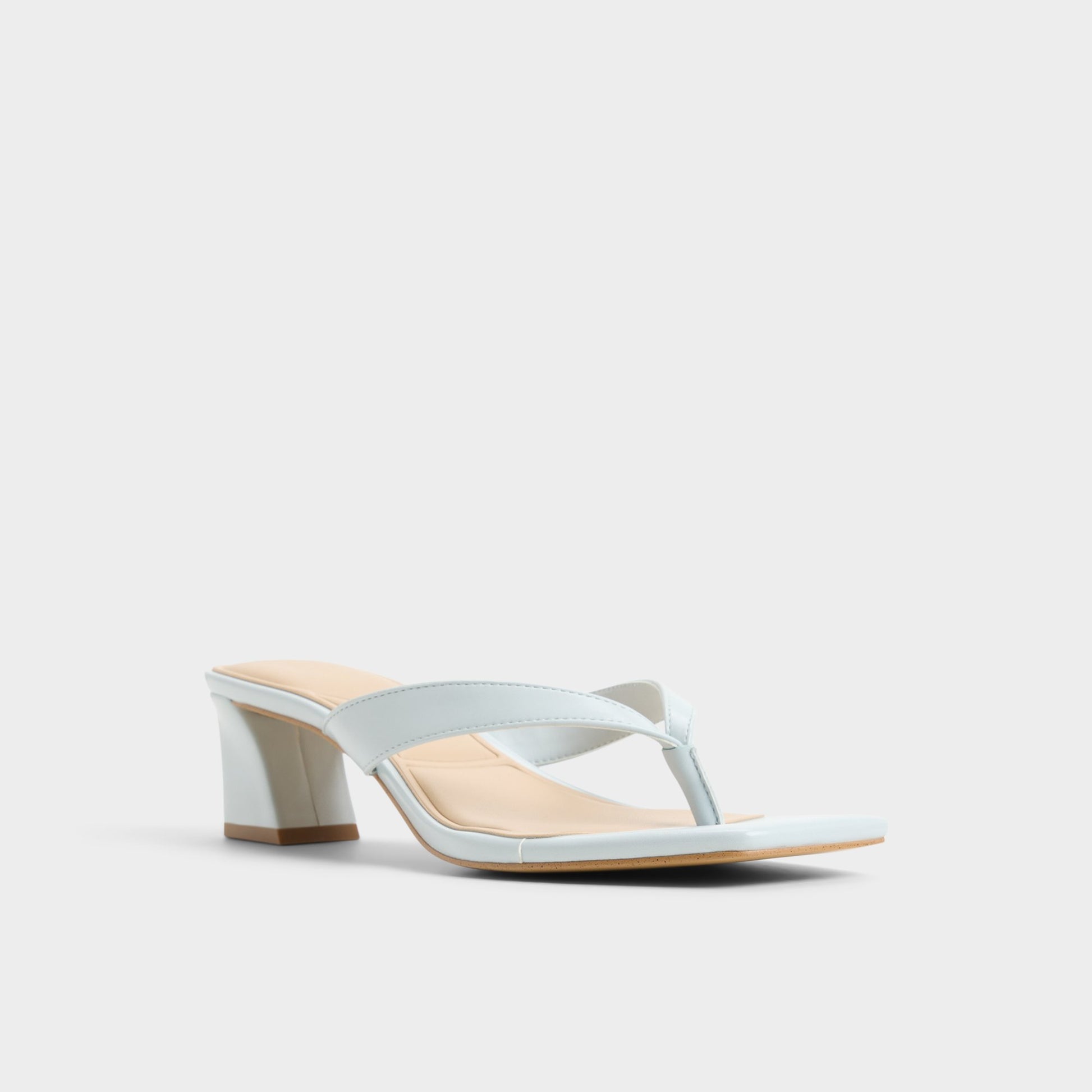 Three-quarter angle of Other blue Hazy Block heeled thong sandal's front side