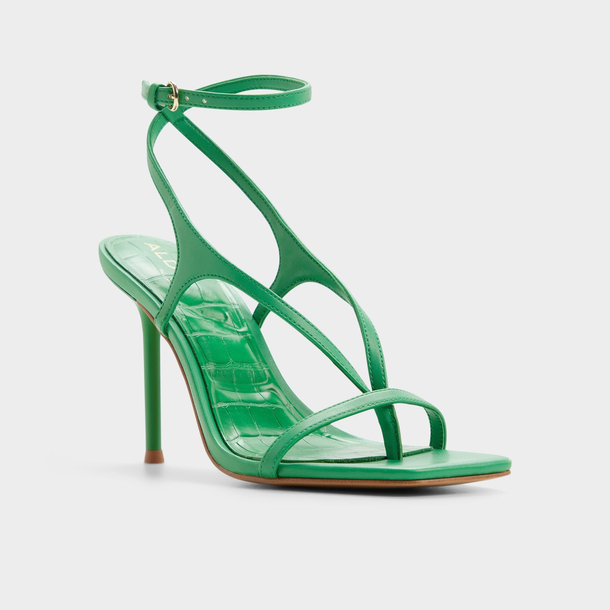 Three-quarter angle of Medium green Sparks Strappy heeled sandal's front side