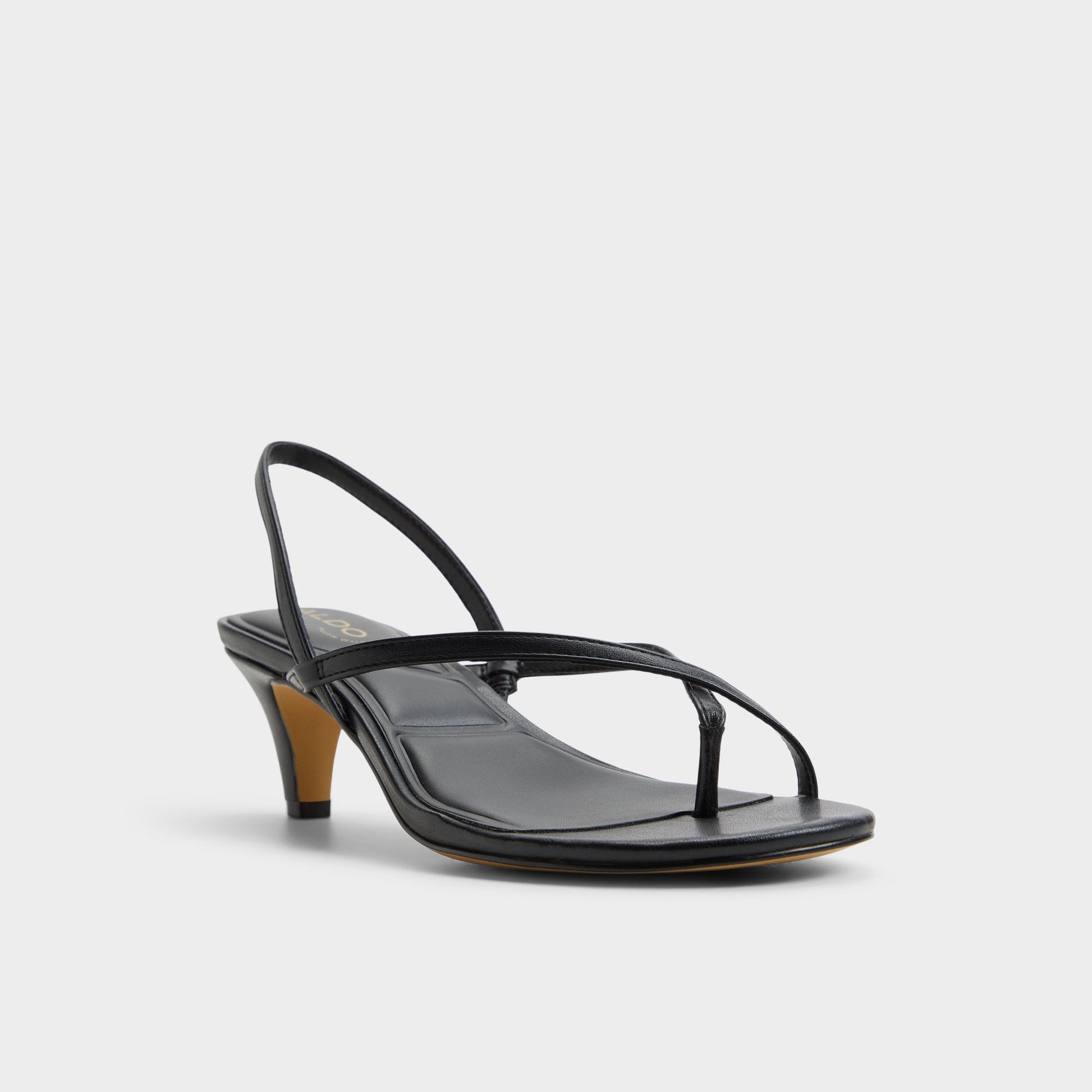 Three-quarter angle of Black Lioria Slingback kitten heel sandal's front side