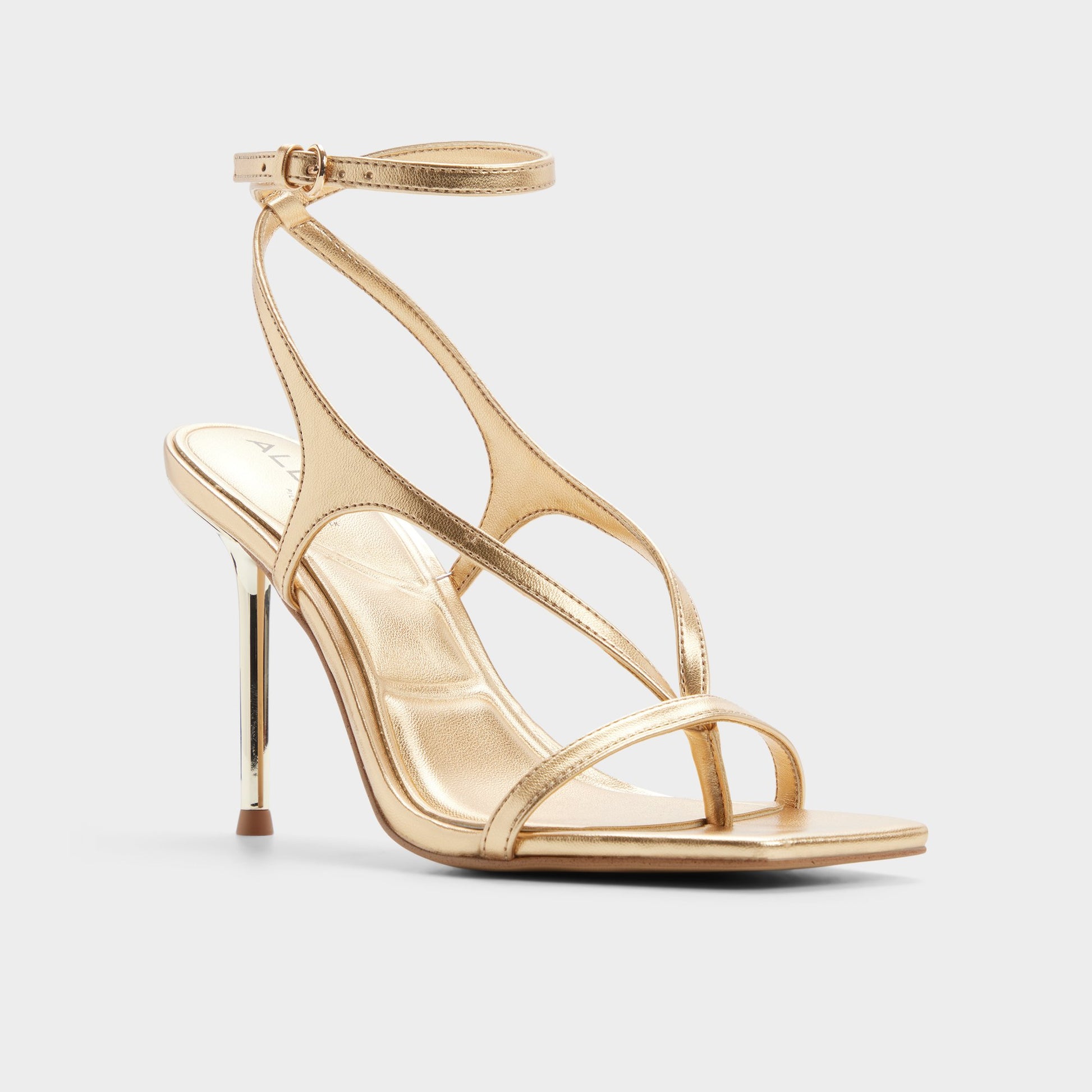 Three-quarter angle of Gold Sparks Strappy heeled sandal's front side