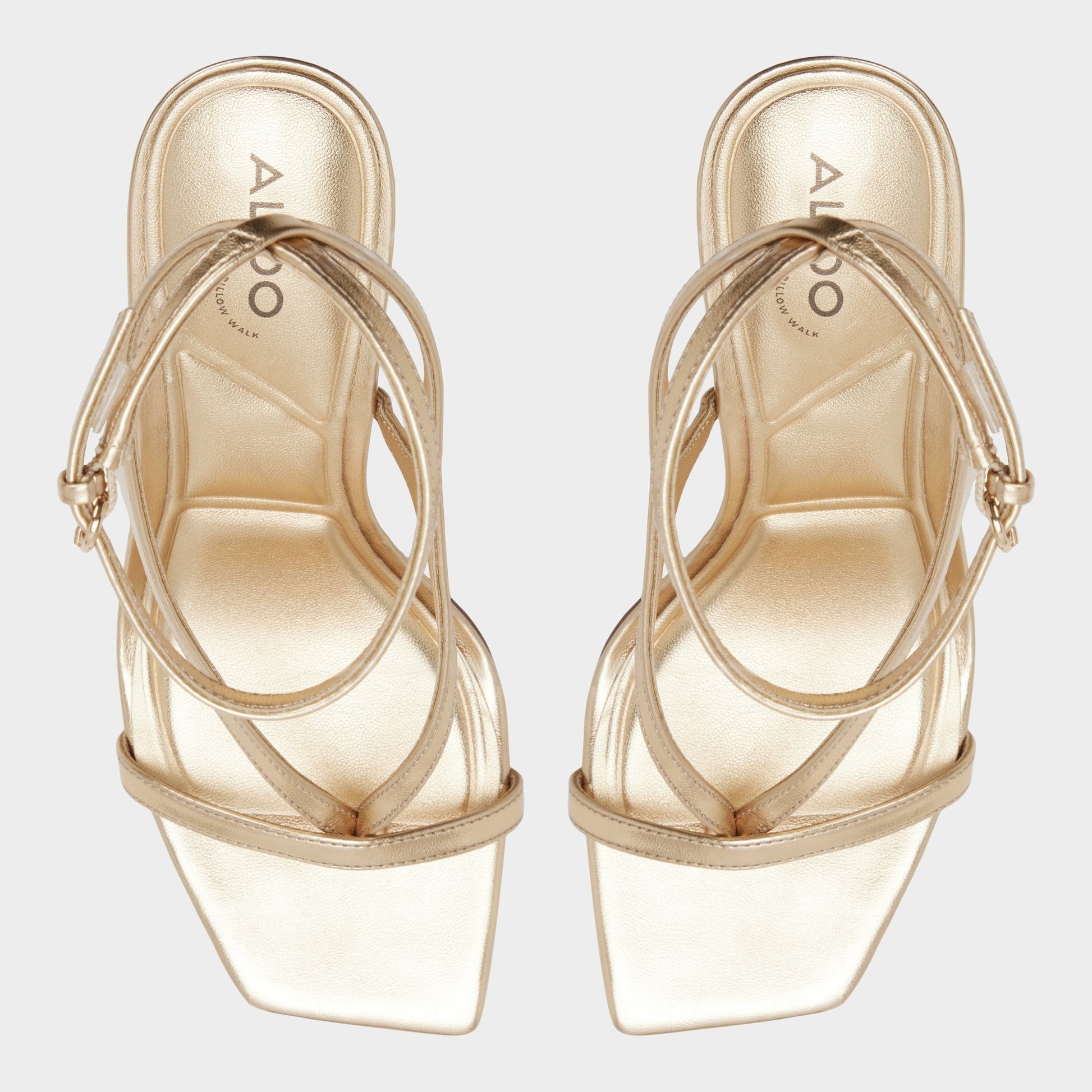 Top-down view of the Gold Sparks Strappy heeled sandal