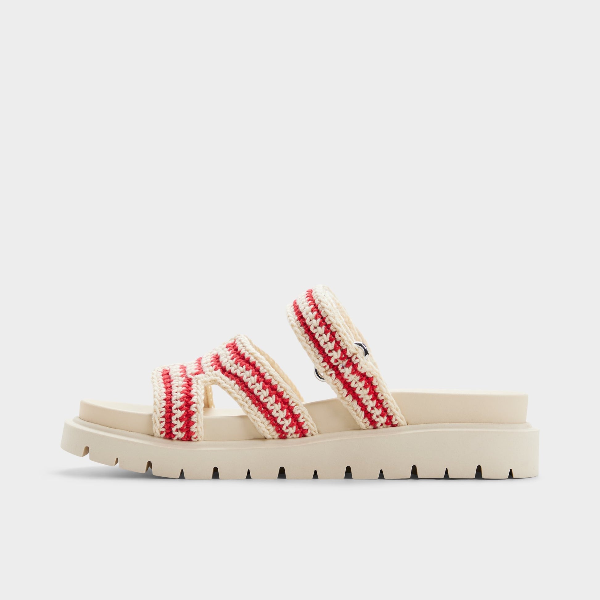 Side view of Red multi Marys Footbed sandal
