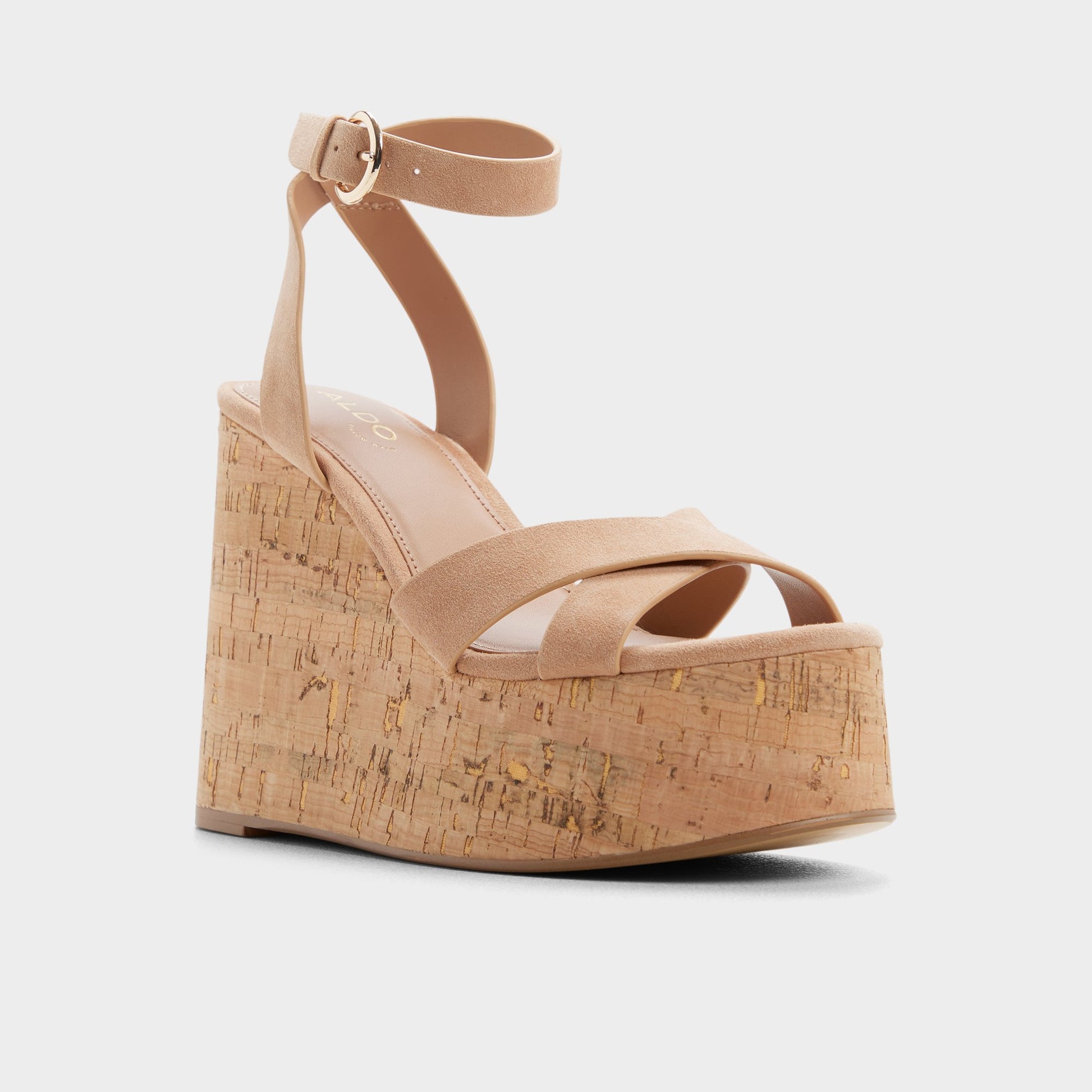 Three-quarter angle of Medium brown Gabriana Wedge sandal's front side