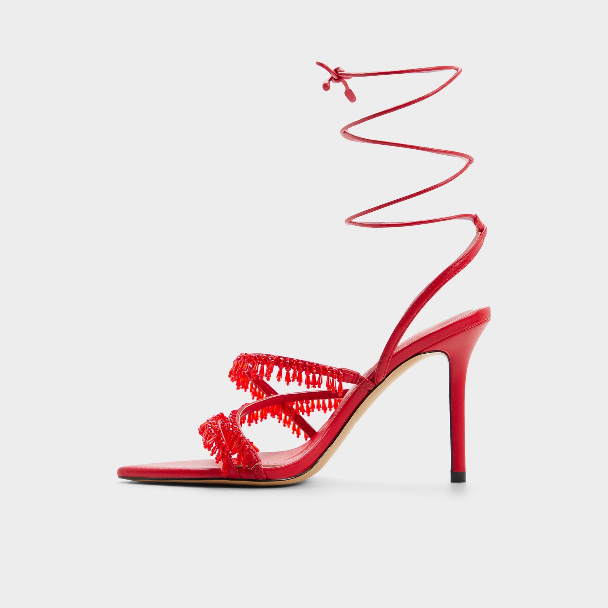 Side view of Bright red Flaming Strappy heeled sandal