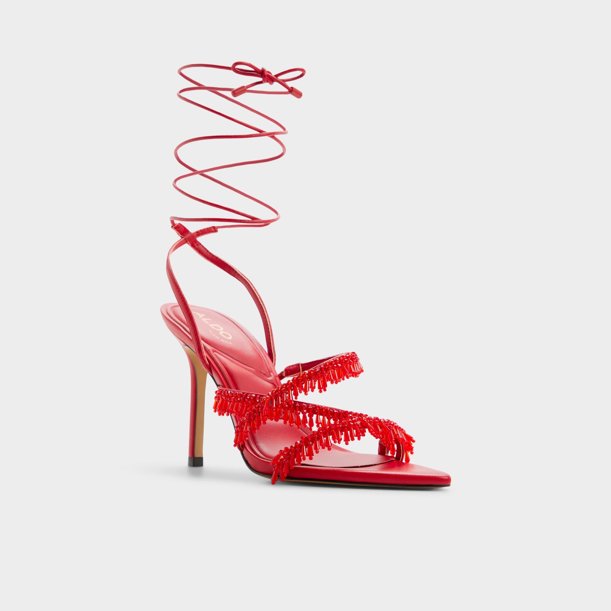 Three-quarter angle of Bright red Flaming Strappy heeled sandal's front side