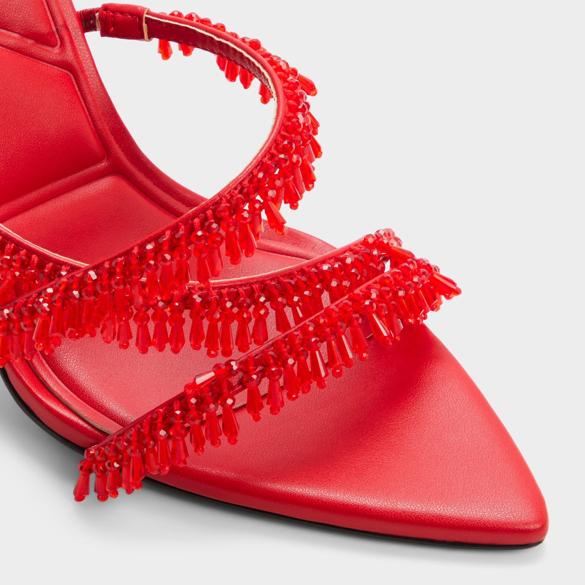 Close-up of the Bright red Flaming Strappy heeled sandal