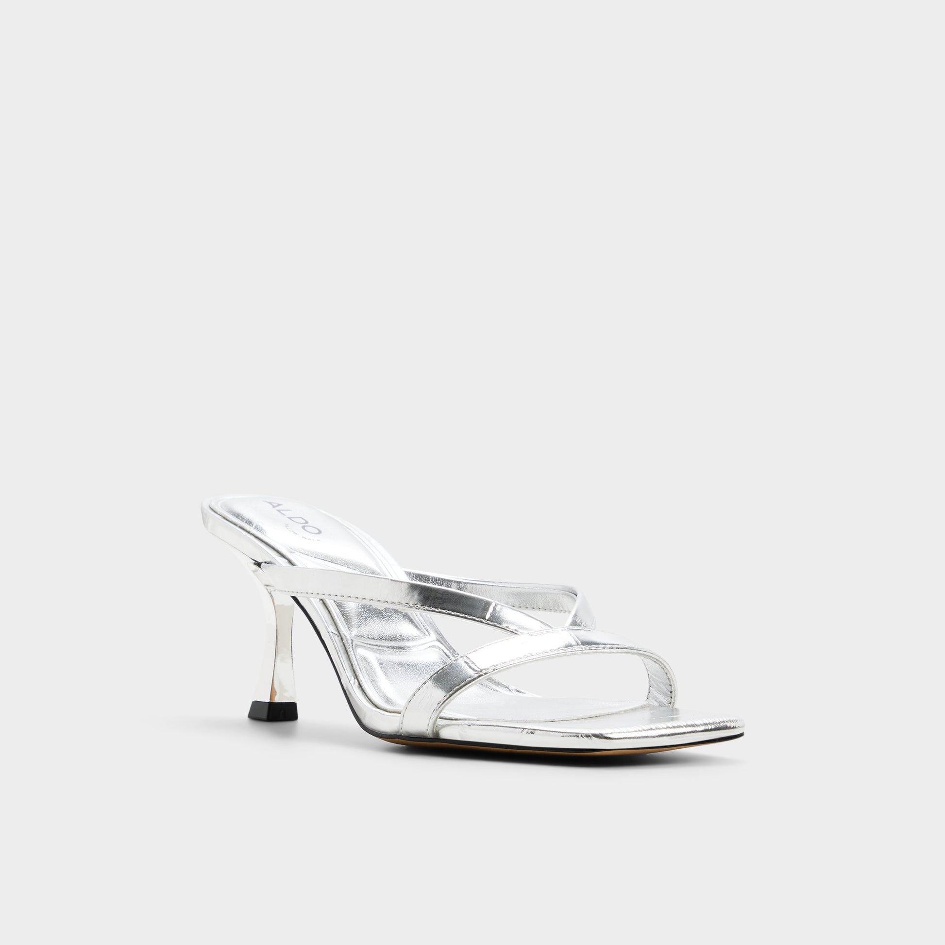 Three-quarter angle of Silver Enalen Heeled mule's front side