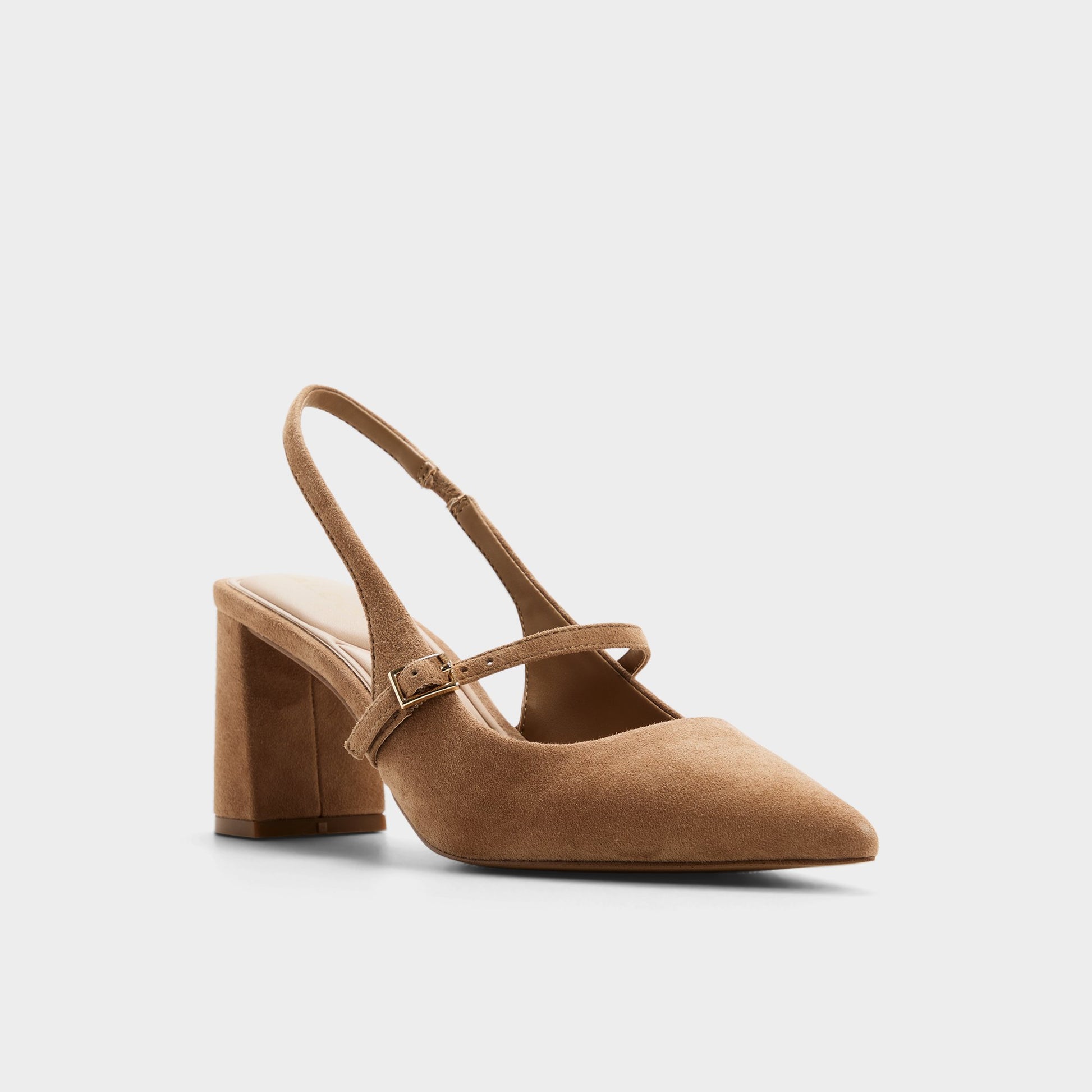 Three-quarter angle of Medium brown Vestian Slingback block heel's front side