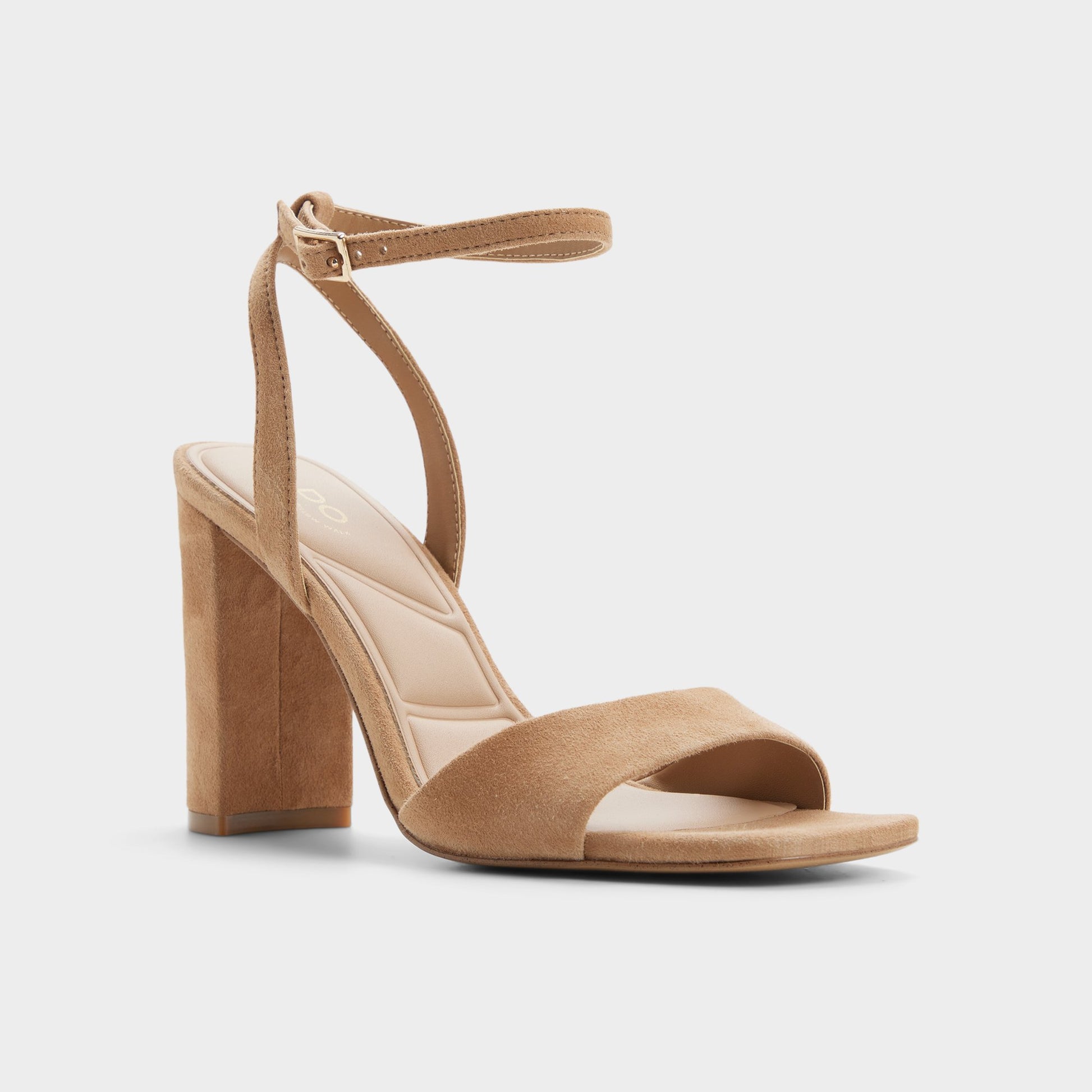 Three-quarter angle of Medium brown Serenya Strappy heeled sandal's front side