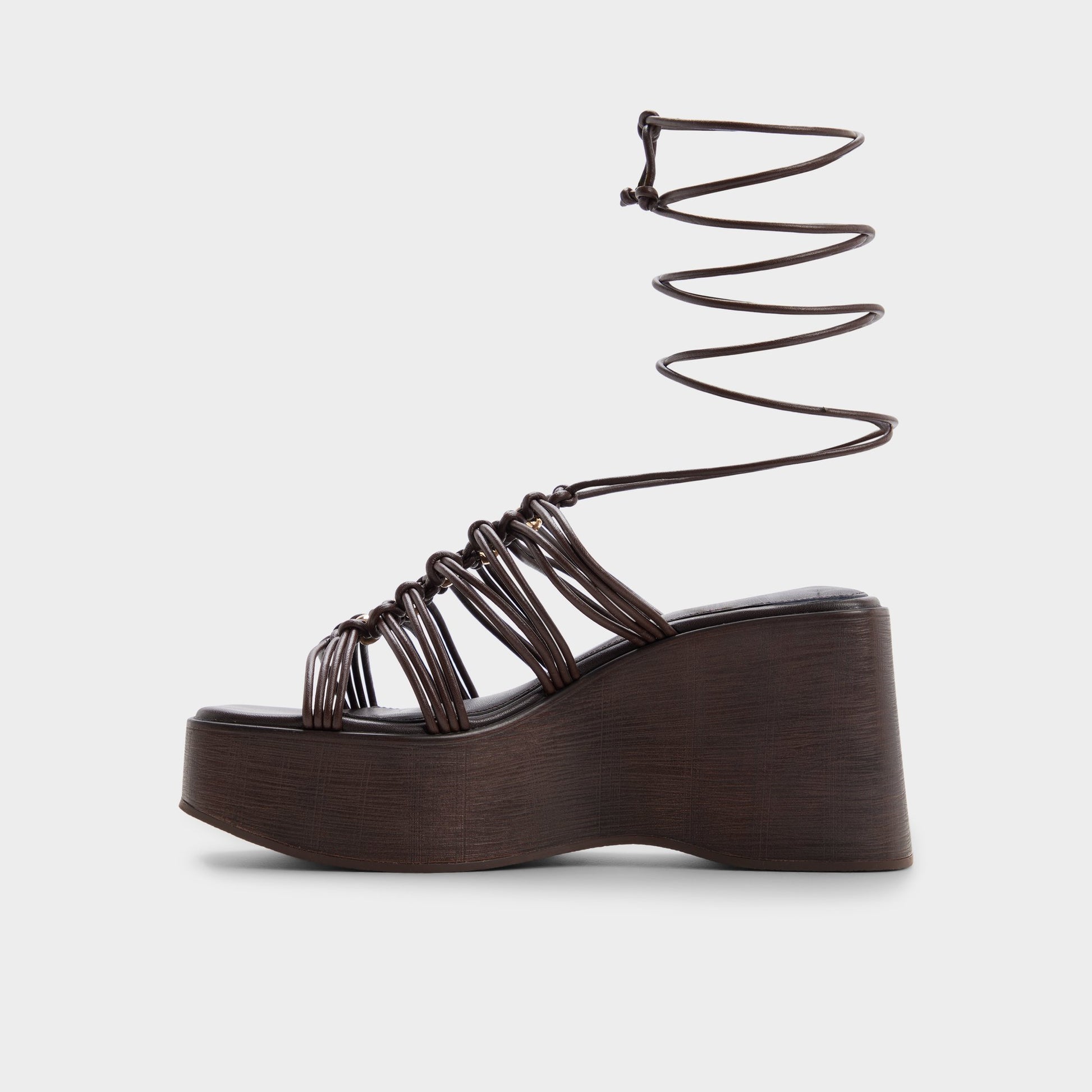 Side view of Dark brown Timber Strappy wedge sandal