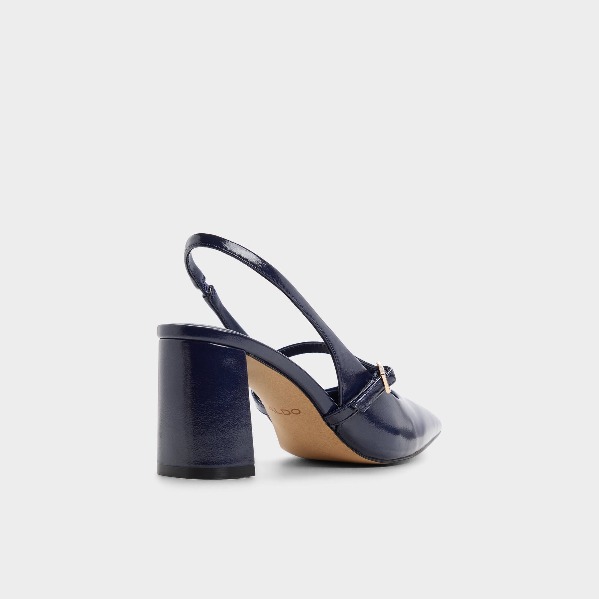 Three-quarter angle of Dark blue Vestian Slingback block heel's back side