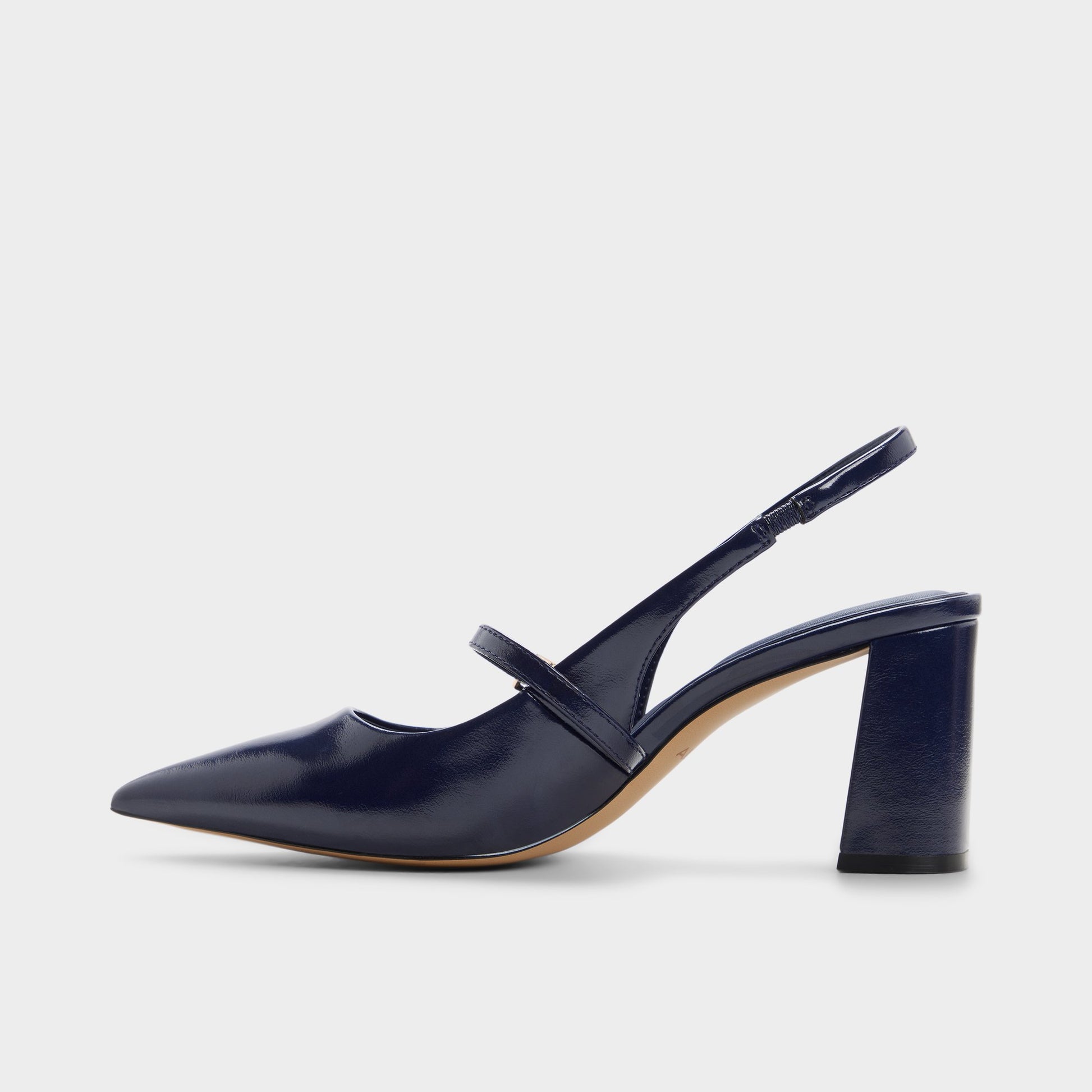 Side view of Dark blue Vestian Slingback block heel