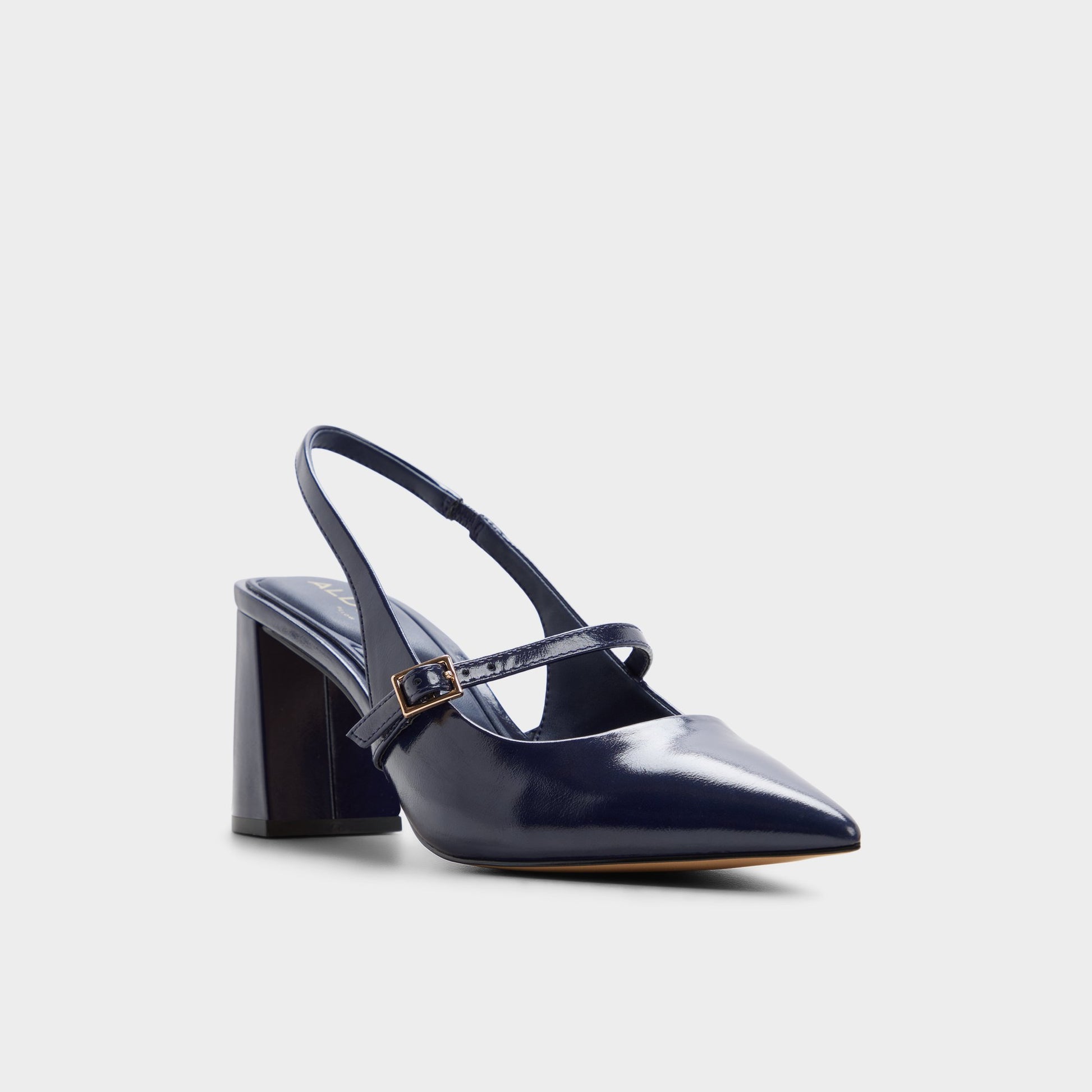 Three-quarter angle of Dark blue Vestian Slingback block heel's front side